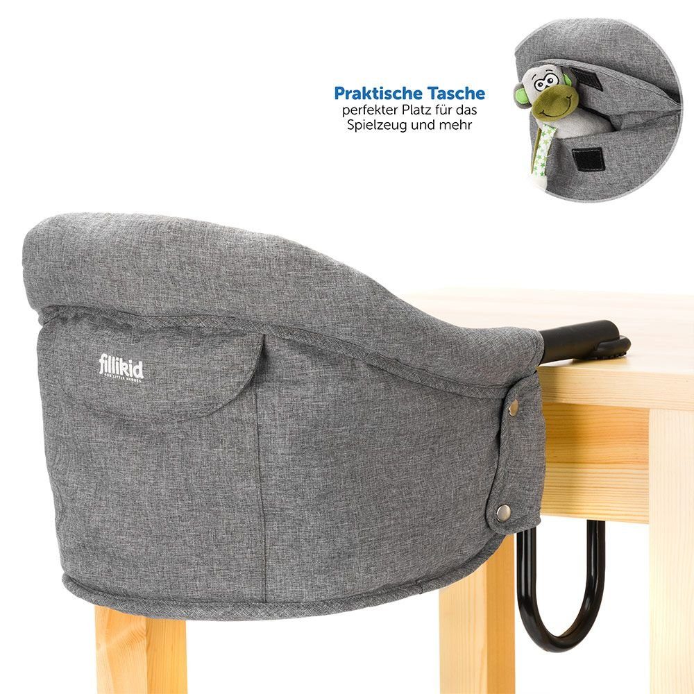 Fillikid Tischsitz Melange Grau, Faltbarer Tischsitz Baby Sitzerhöhung Kinder Reisehochstuhl mit Tasche