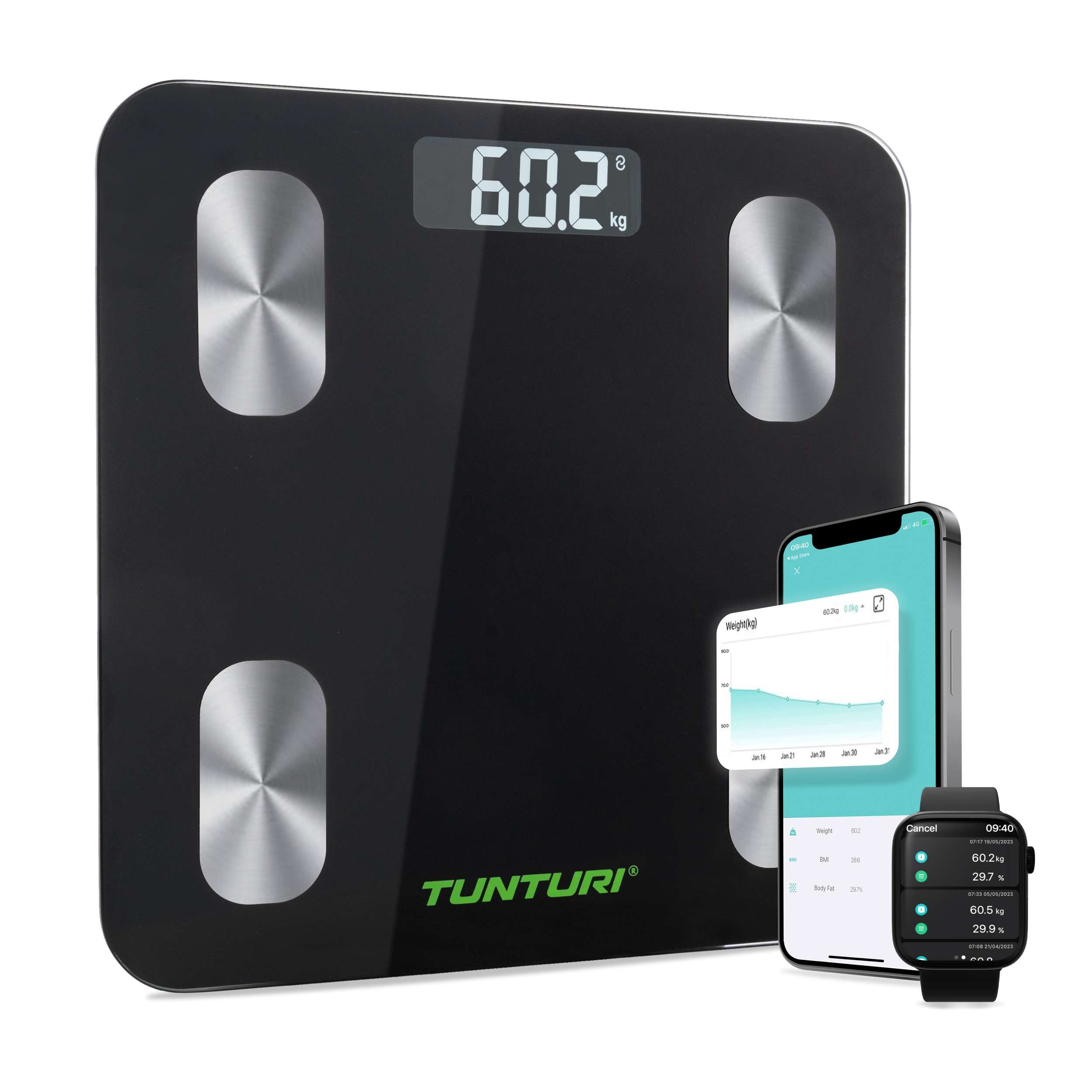 Tunturi Personenwaage Personenwaage - Bluetooth - 180 kg Benutzergewicht - inkl. Körperanaly