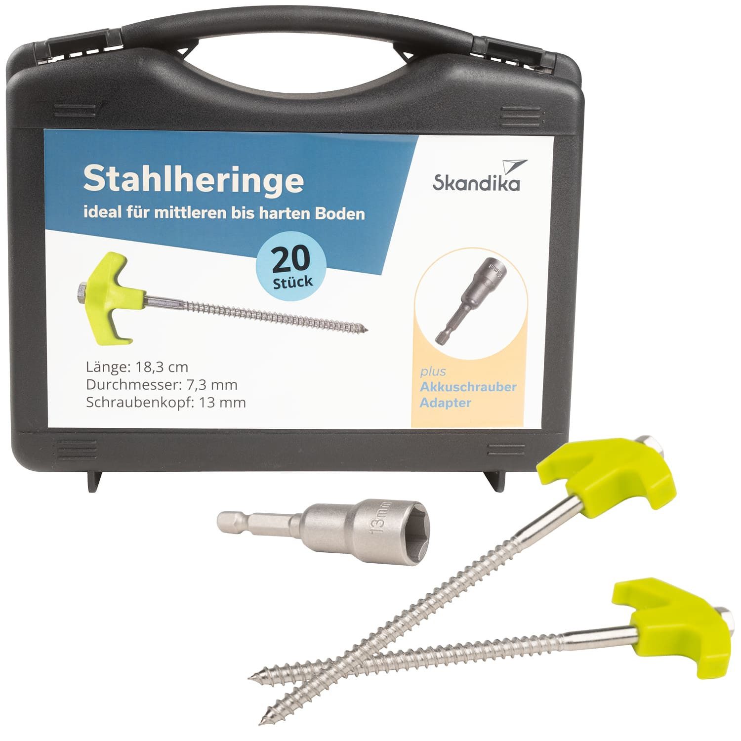 Skandika Zelthering, 20x Zelt-Heringe aus STAHL, stabile Heringe mit Gewinde, Sturmsicher, Adapter für Akkuschrauber