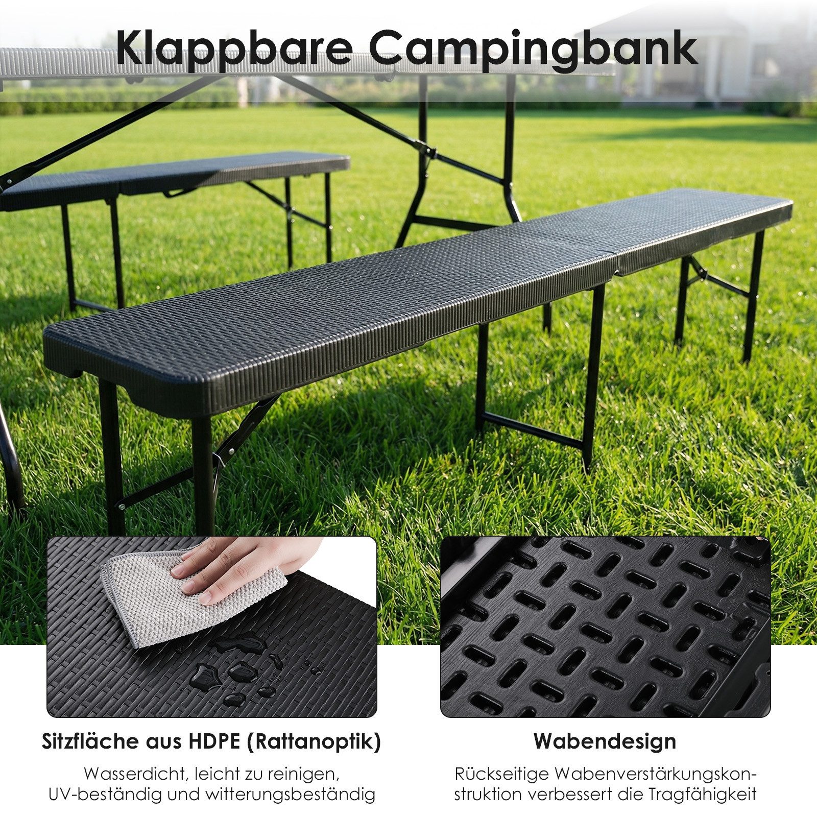 TLGREEN Gartenbank 2pcs Bierbank Klappbar 181cm, Campingbank Faltbar mit Tragegriff (Bierzeltbank bis 500kg Belastbarkeit, Gartenbank aus HDPE & Stahlgestell), Wetterfeste Partybank für Grill/Camping/Garten