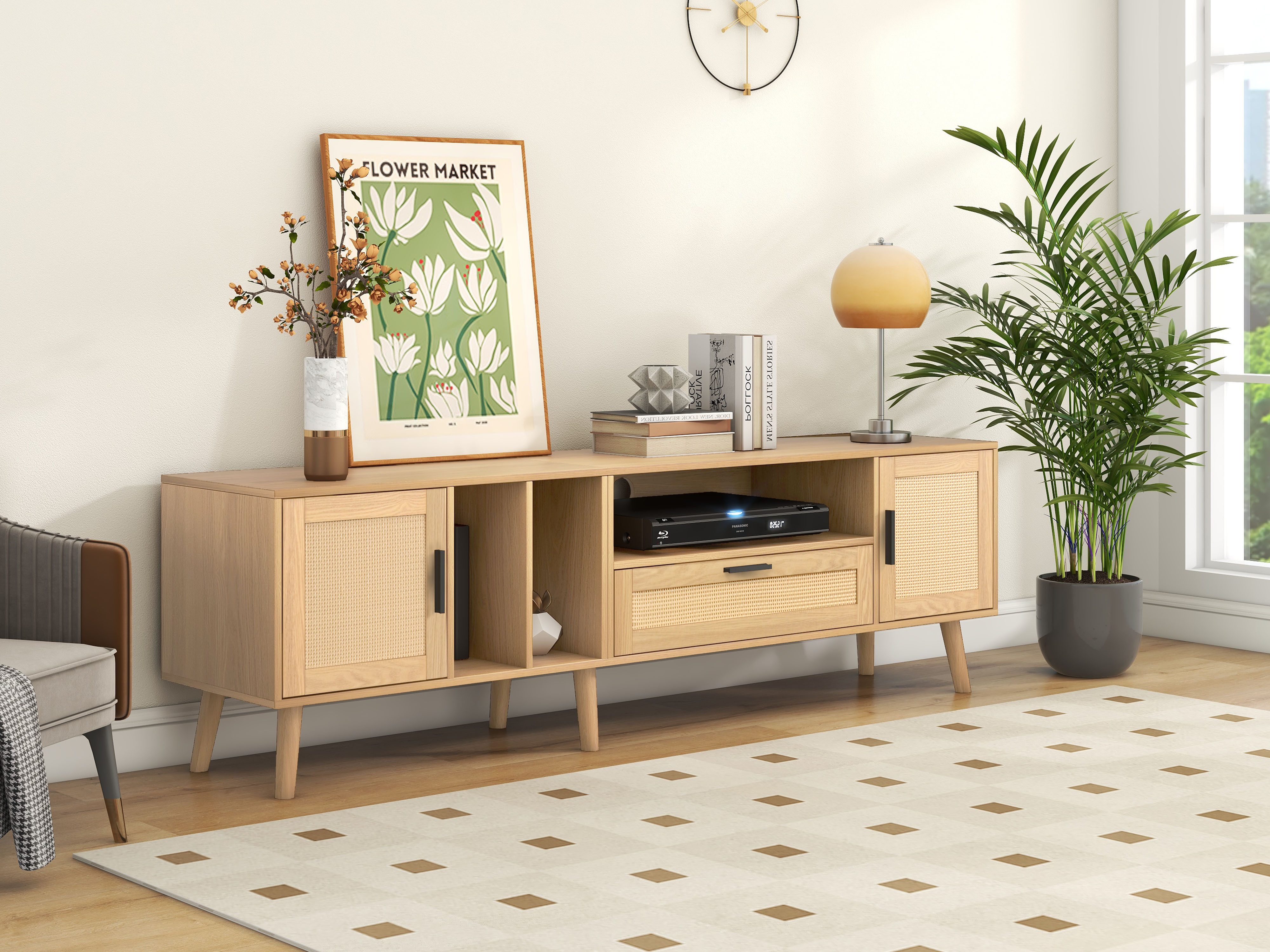 REDOM TV-Schrank TV-Schrank mit Rattantüren und offenen Regalen (für einen 80-Zoll-Fernseher, mit Kabelmanagement) 3 offenen Regalen