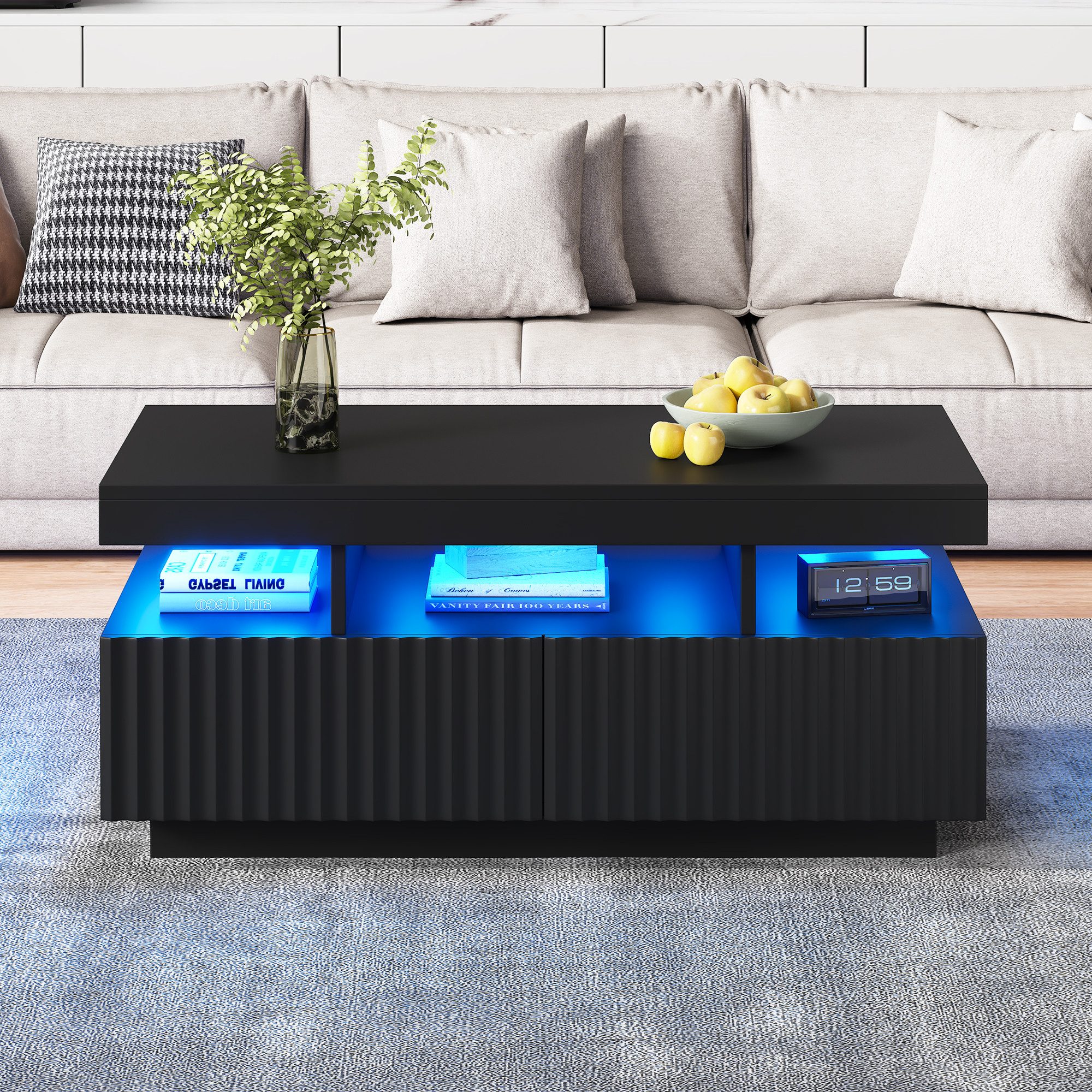 Merax Couchtisch Sofatisch Beistelltisch mit LED-Lichtleiste (Stauraumfunktion und robuster Spanplattenkonstruktion, 1-St., 100×50×45 cm), Wohnzimmertisch mit 2 – Bild 4 von 5