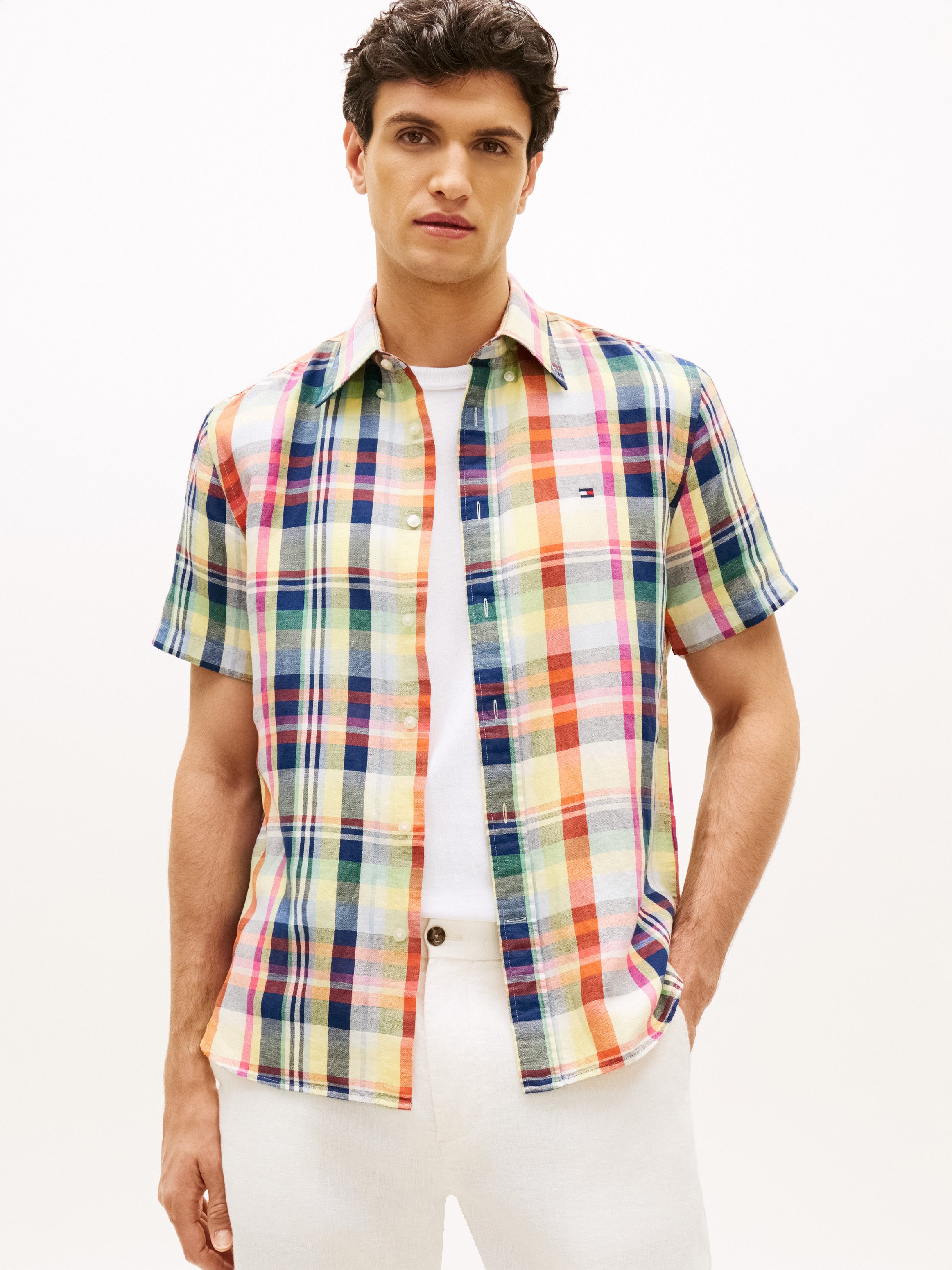 Tommy Hilfiger Kurzarmhemd LINEN BLEND CHECK PLAID regular fit, Button-down-Kragen