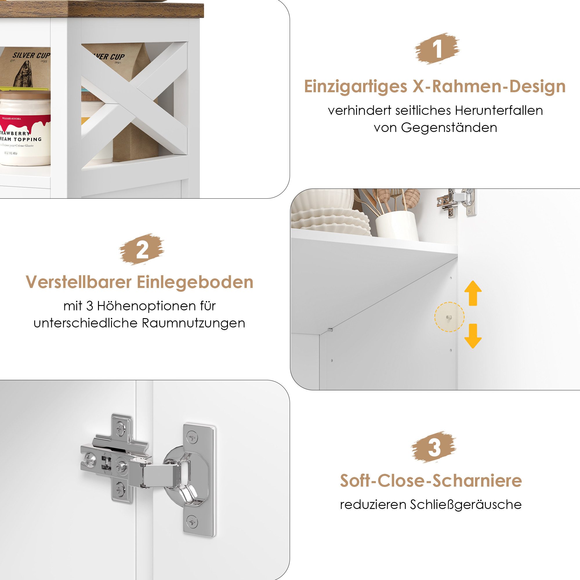 HOMECHO Sideboard, Küchenschrank mit Arbeitsplatte, 2 Schubladen und 3 Türen