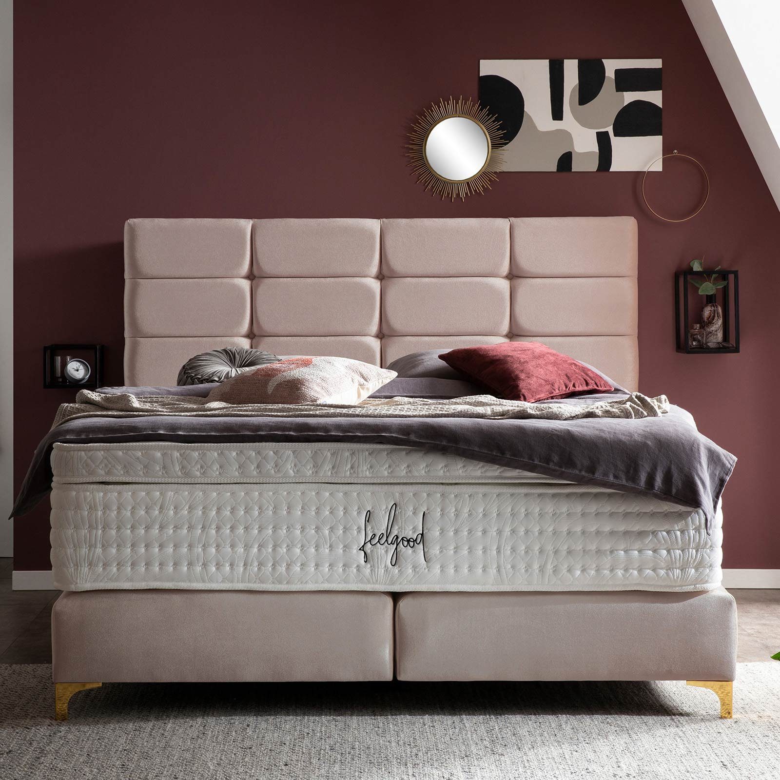 BettCo Boxspringbett Kansas (140 x 200 cm, in Rose Samt), Kachel-Design + optionaler Topper, Füße in Gold-Optik