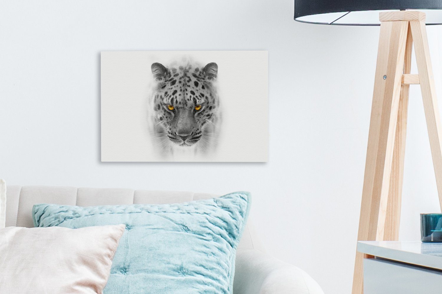 Weiß - OneMillionCanvasses® Leinwandbilder, Schwarz Aufhängefertig, (1 St), 30x20 - - Leinwandbild Wanddeko, Leopard cm Kopf, Wandbild