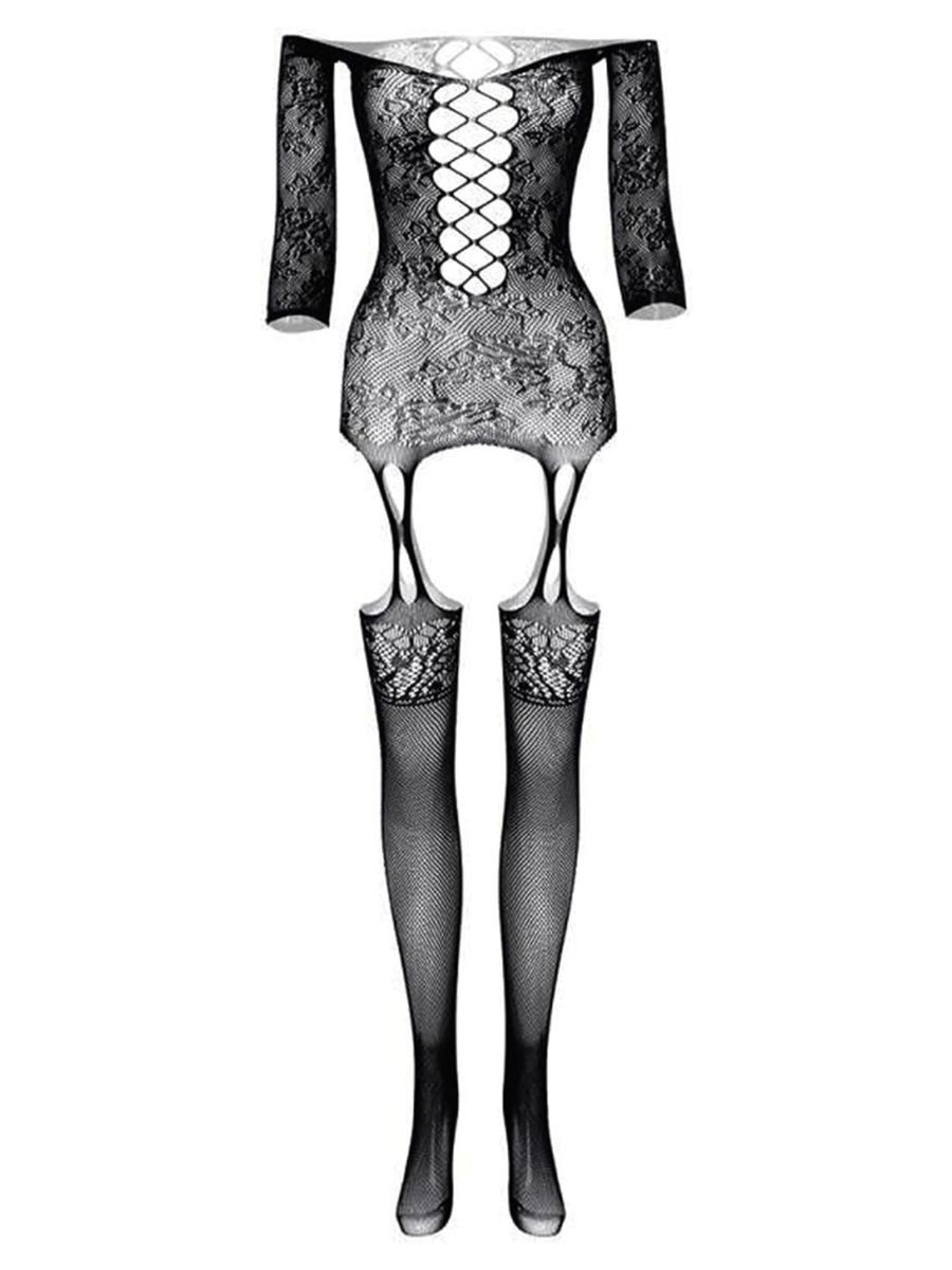 Elegant Love Bodystocking-Ouvert Sexy Netzstrumpfhose mit Ärmeln - Catsuit Dessous mit offenem Schritt Strumpfbody & Strumpfhose für Damen – Ausdrucksstarkes Design, S–XL