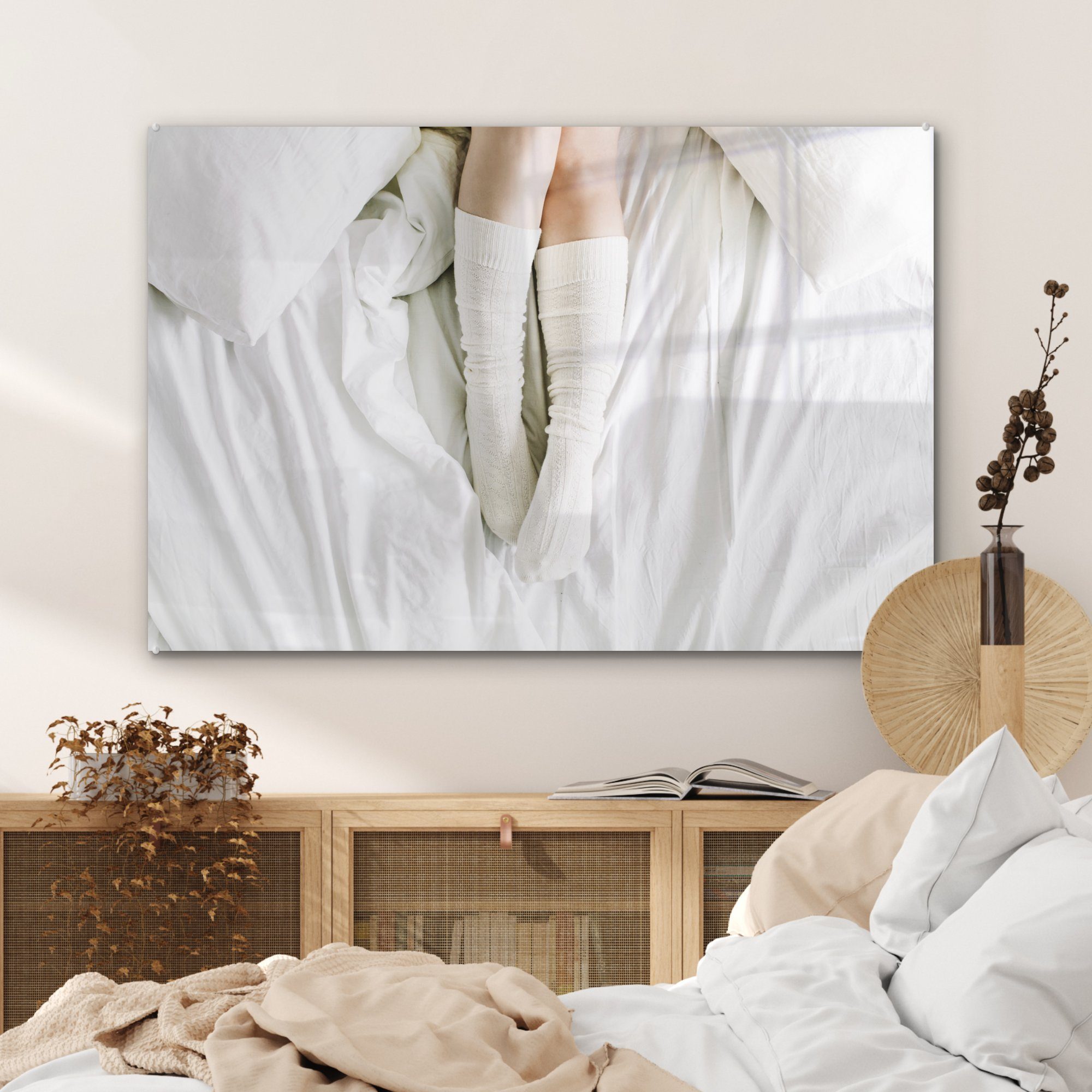 Winter MuchoWow - Socken, St), Wohnzimmer & Acrylglasbilder (1 Schlafzimmer Acrylglasbild - Bett