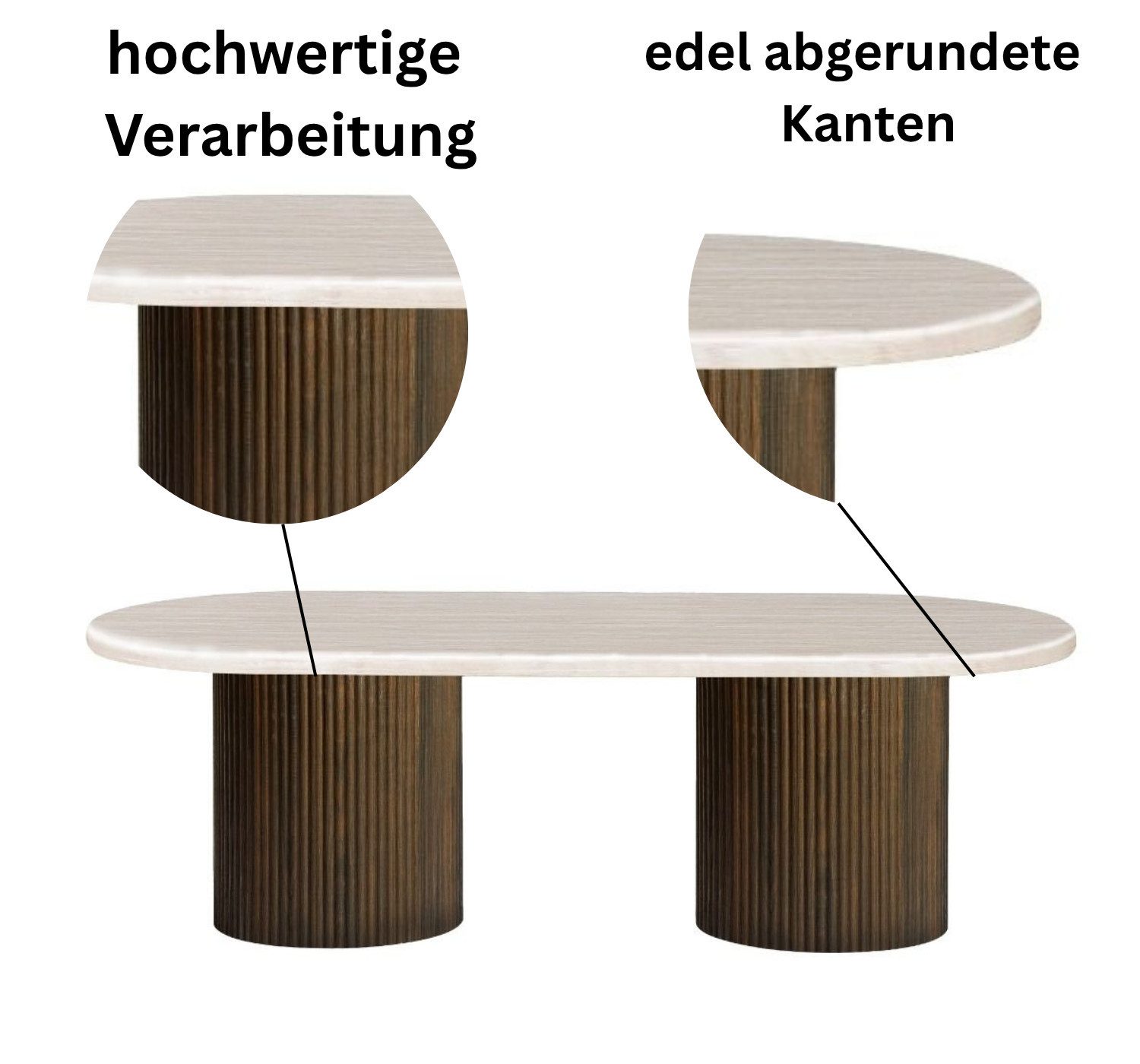 alesvelt Couchtisch ovale Trivento Travertin-Tischplatte Tischbeine im Säulenstil modern (1 Tisch), 130x70x45 cm, Travertin-Tischplatte
