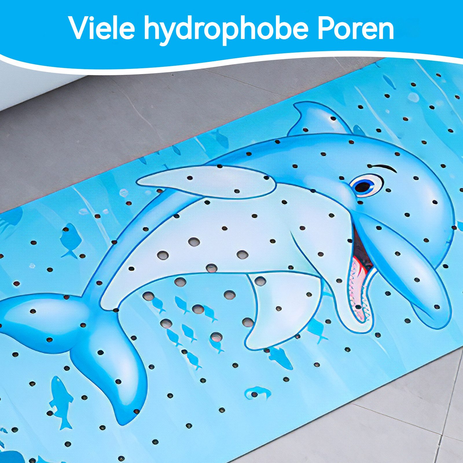 BlingBin Bath Mat, Non-Slip, 100x40cm, Bath Mat, W: 40 cm, L: 100 cm, 1-Piece Set, with Suction Cups and Drain Holes, Machine Washable, Anti-Mold, Dolphin Design