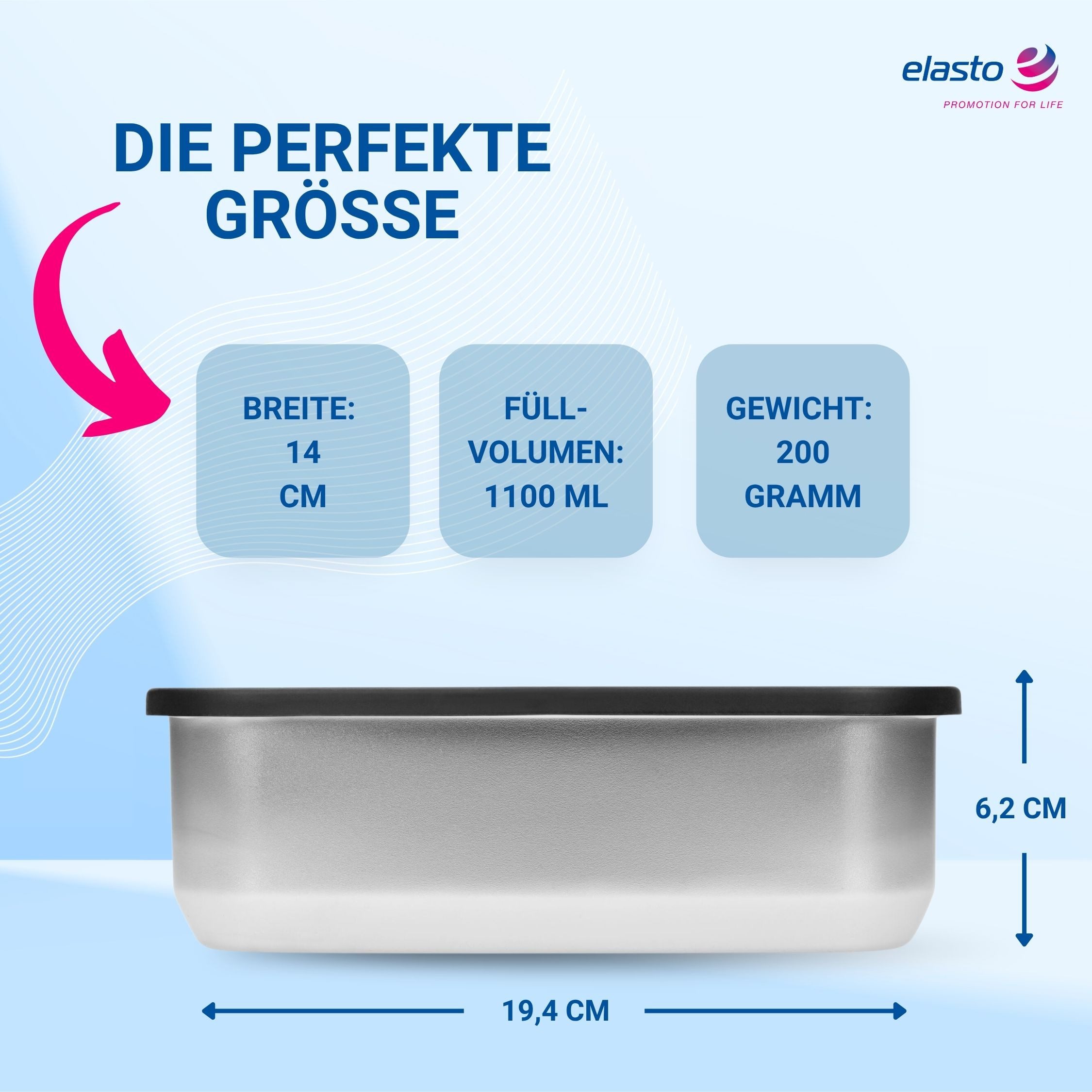 elasto Lunchbox Edelstahl Box mit Glasdeckel 1100 ml auslaufsichere Brotdose Edelstahl