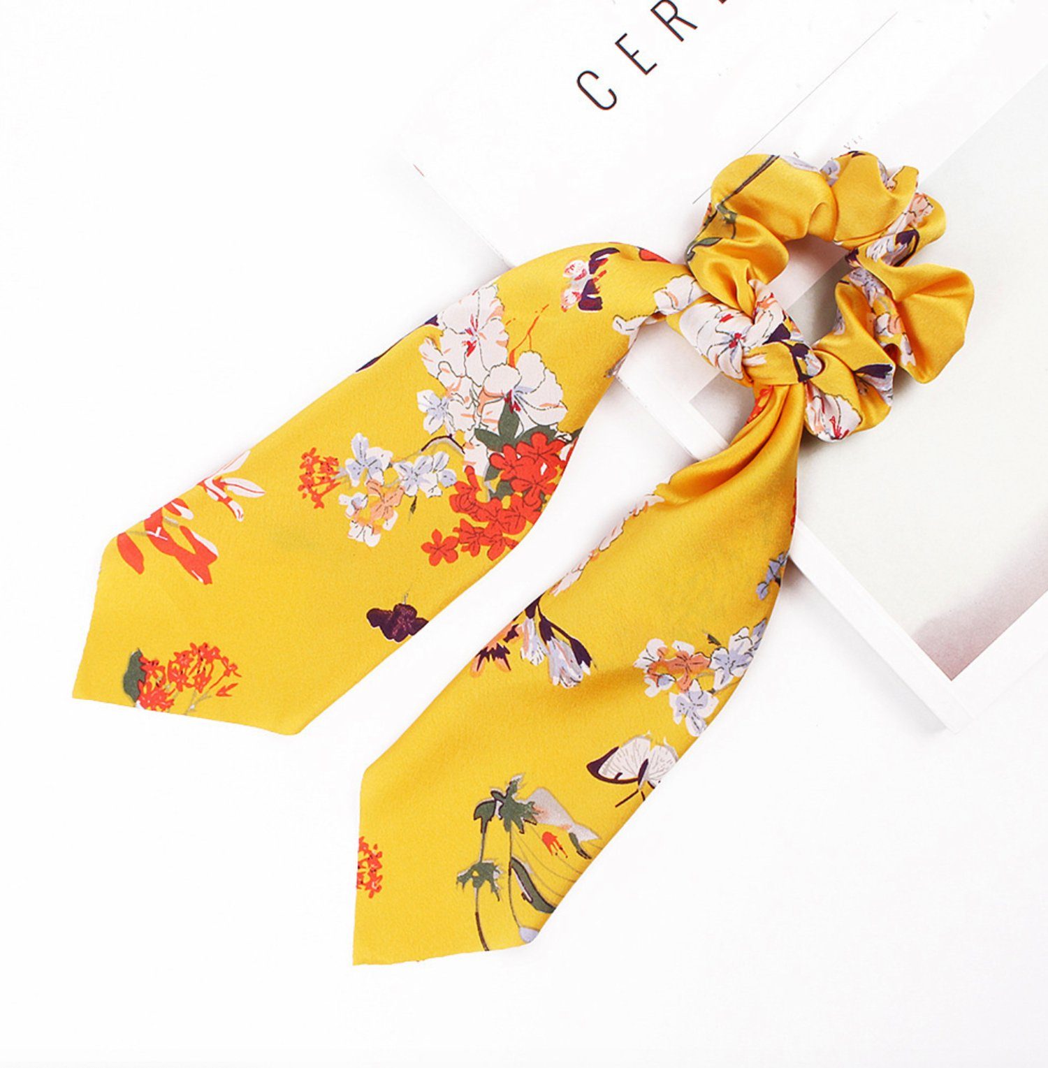 Friseurmeister Haargummi Scrunchie mit Schleife Satin Elastic Haargummis Ribbon Bow für dickes und feines Haar Gelb mit Blumen