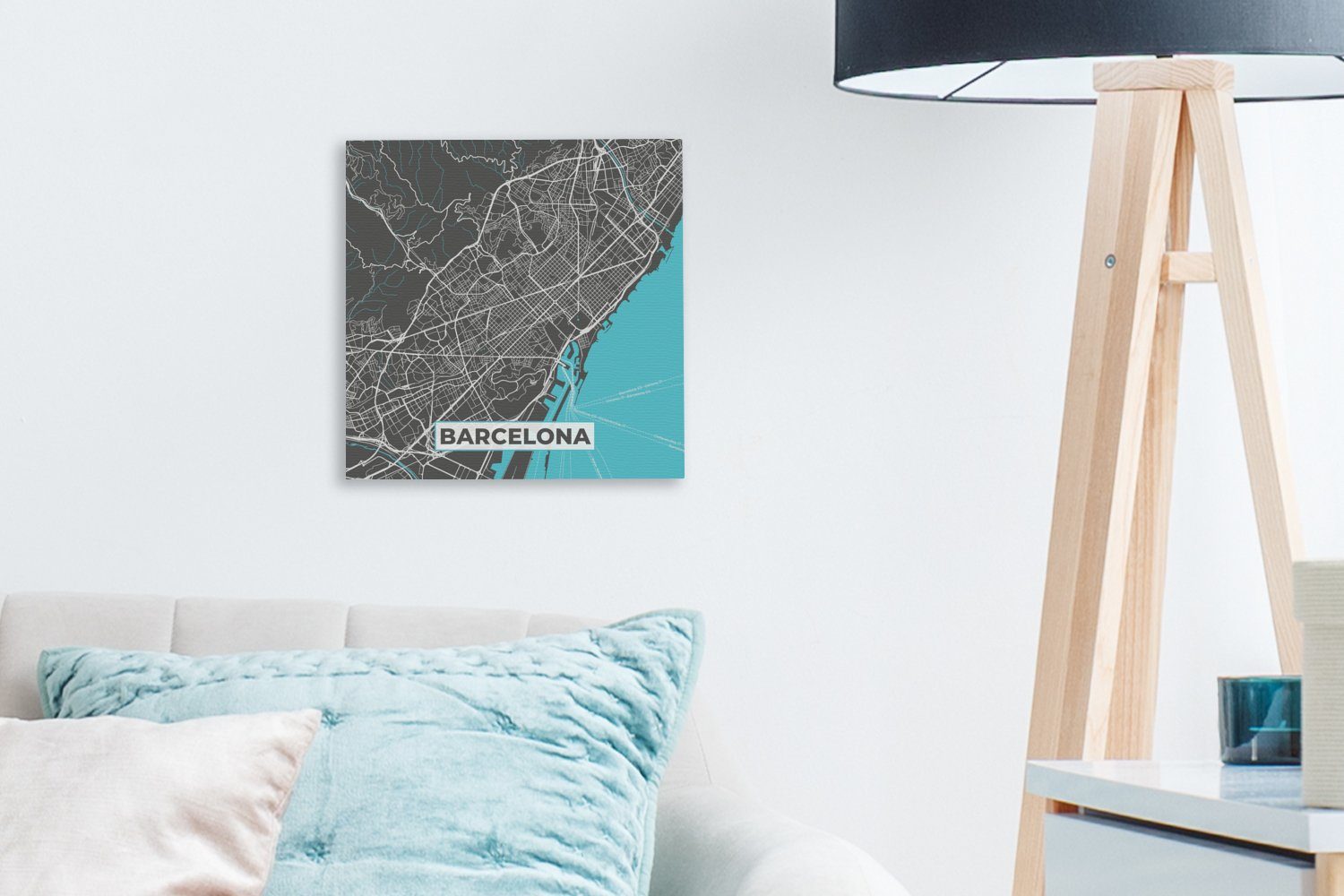 Bilder (1 Wohnzimmer Leinwandbild Blau St), Stadtplan, für - - Leinwand Schlafzimmer OneMillionCanvasses® - Barcelona Karte