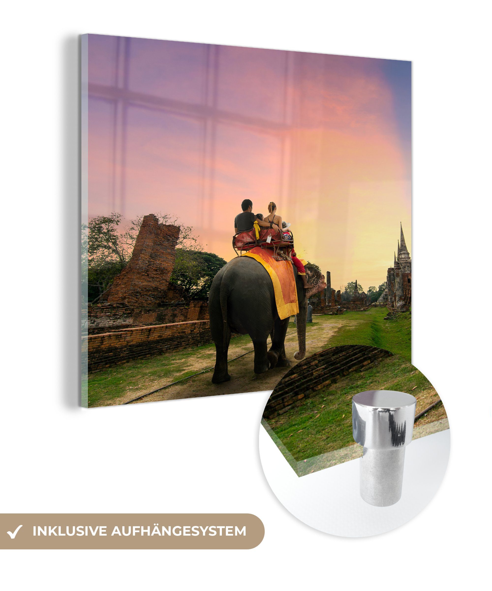 MuchoWow Acrylglasbild Elefant - Tiere - Dorf - Natur, (1 St), Glasbilder - Bilder auf Glas Wandbild - Foto auf Glas - Wanddekoration