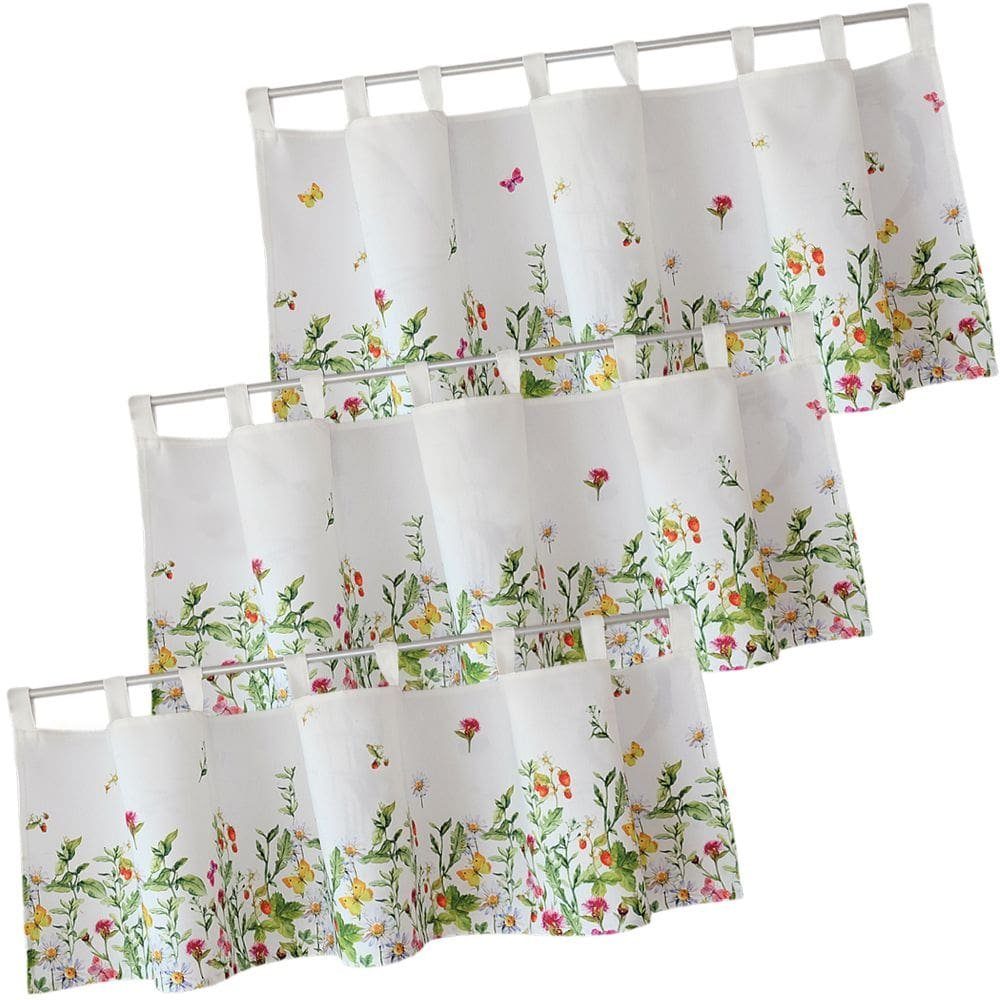 matches21 HOME & HOBBY Scheibengardine Scheiben-Gardine Landhaus-Stil Blumen Frühling Sommer 120 x 30 cm (1 St), Schlaufen, Kurz-Gardinen als blickdichter Wohnzimmer Vorhang Küchen-Gardine