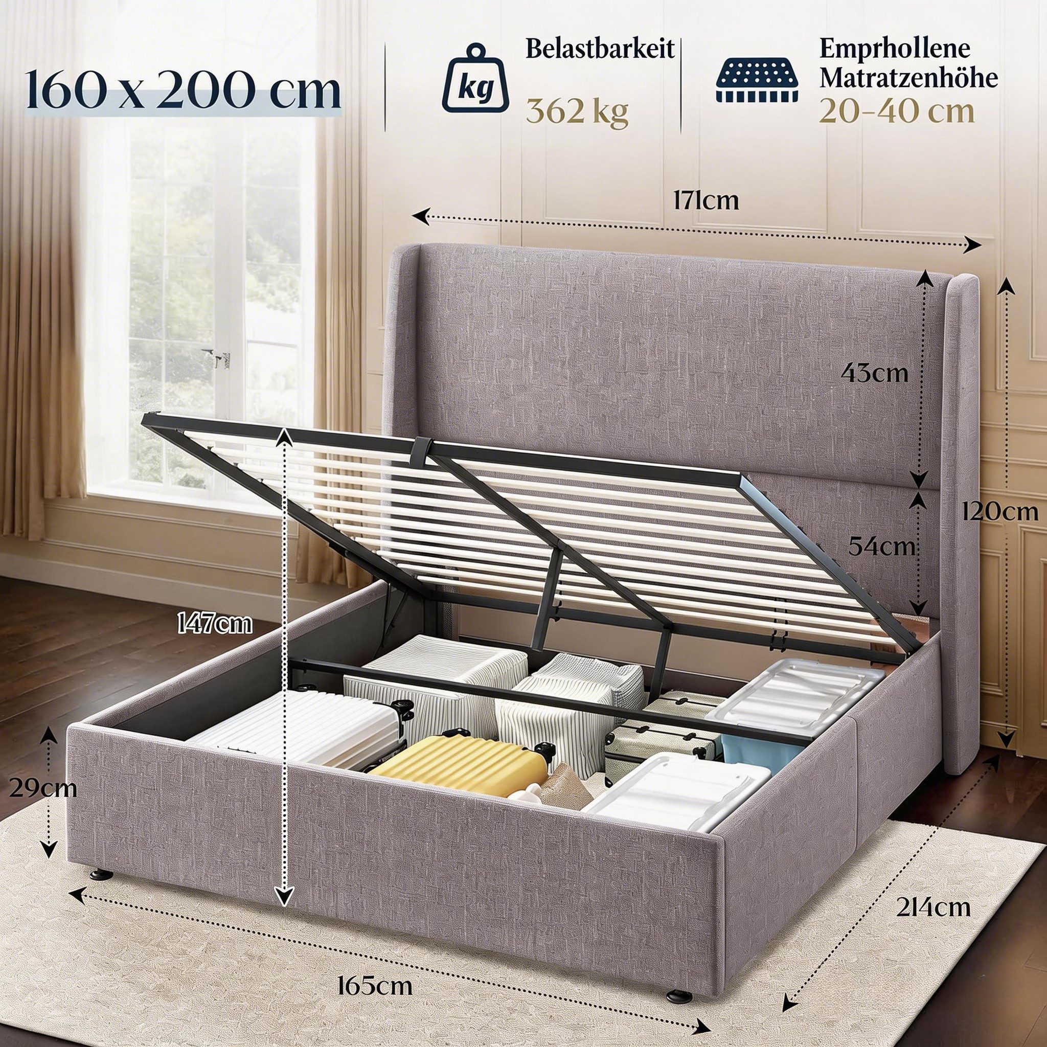 AMERLIFE Polsterbett Hydraulisches Stauraumbett mit Flügel-Kopfteil & Leinenstoff (Ohne Matratze), Doppelbett Plattenbett Jugendbett 160x200 cm