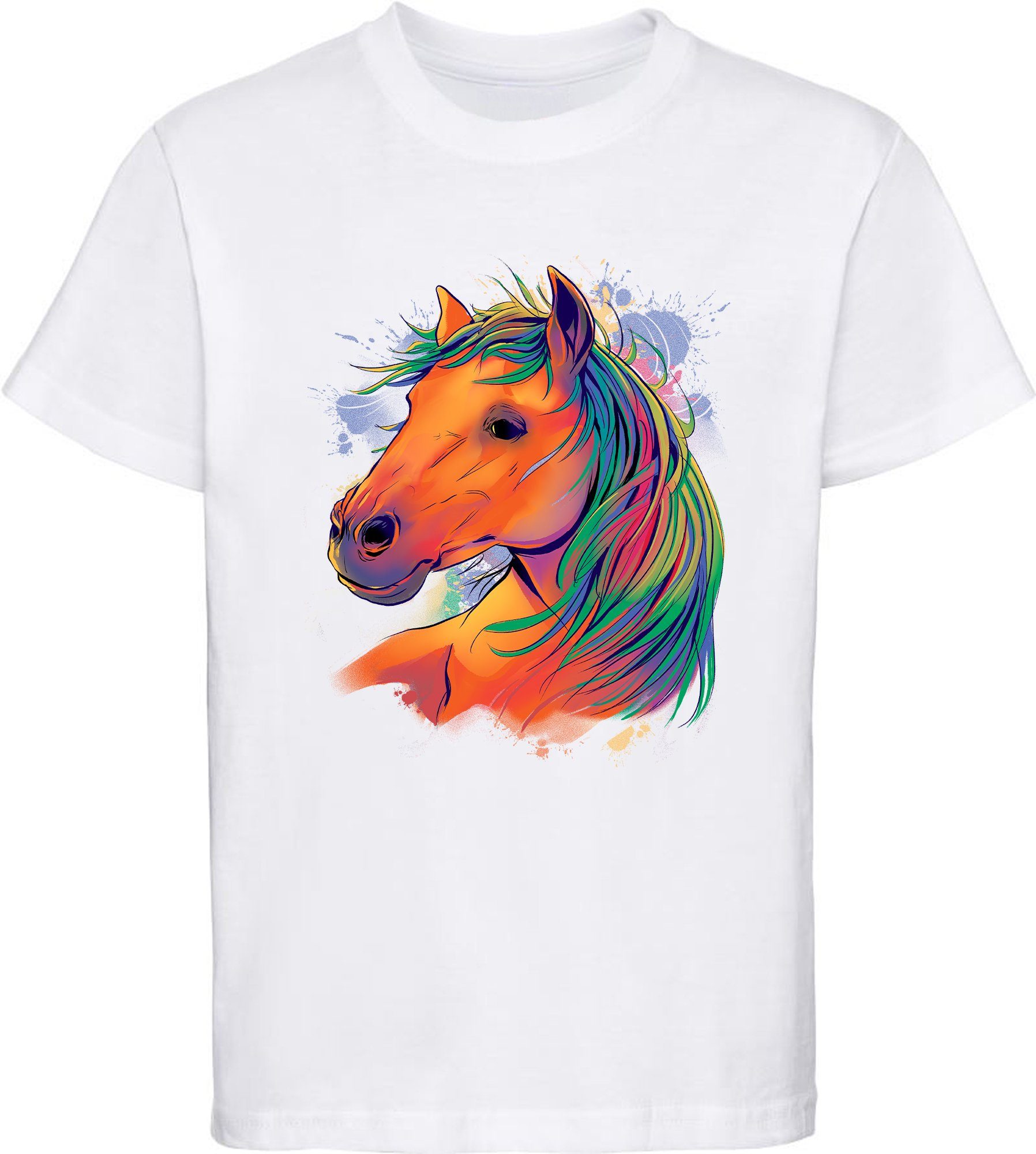 i167 Aufdruck, - Print-Shirt MyDesign24 Ölfarben bedrucktes in weiss Pferdekopf mit Mädchen Baumwollshirt T-Shirt