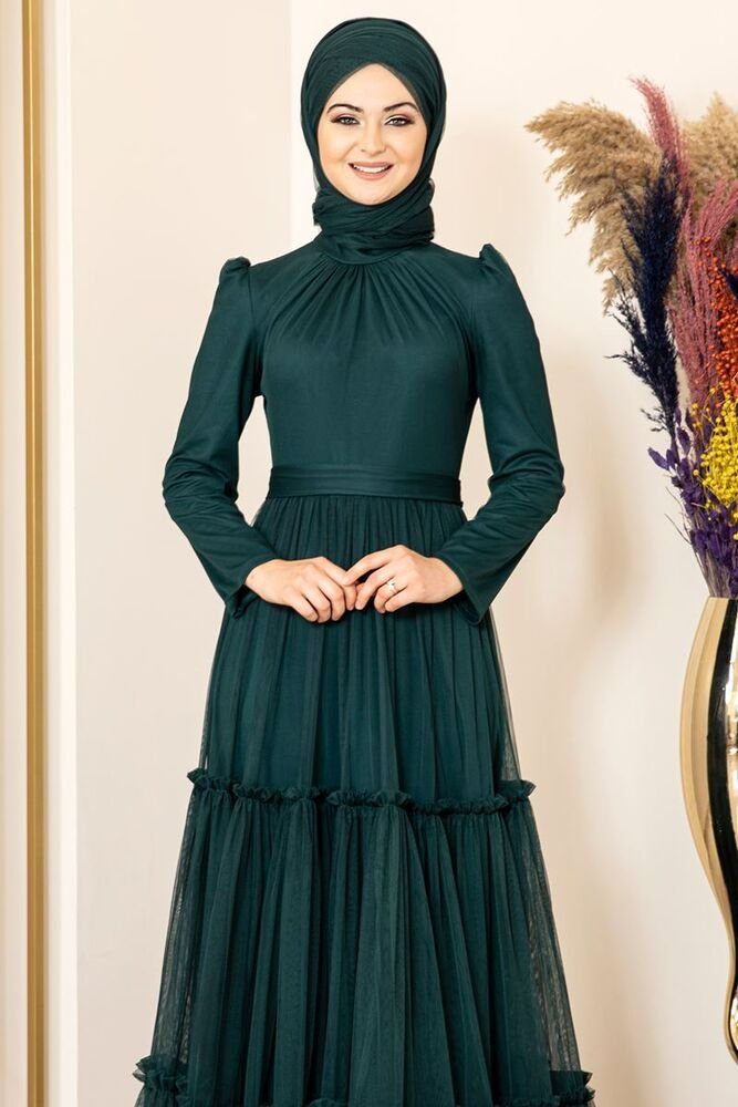 mit mit Hijab Abendkleid Tüllkleid Lycra Abaya Kleid Abiye Modavitrini Maxikleid Rüschenrock Smaragd-Grün