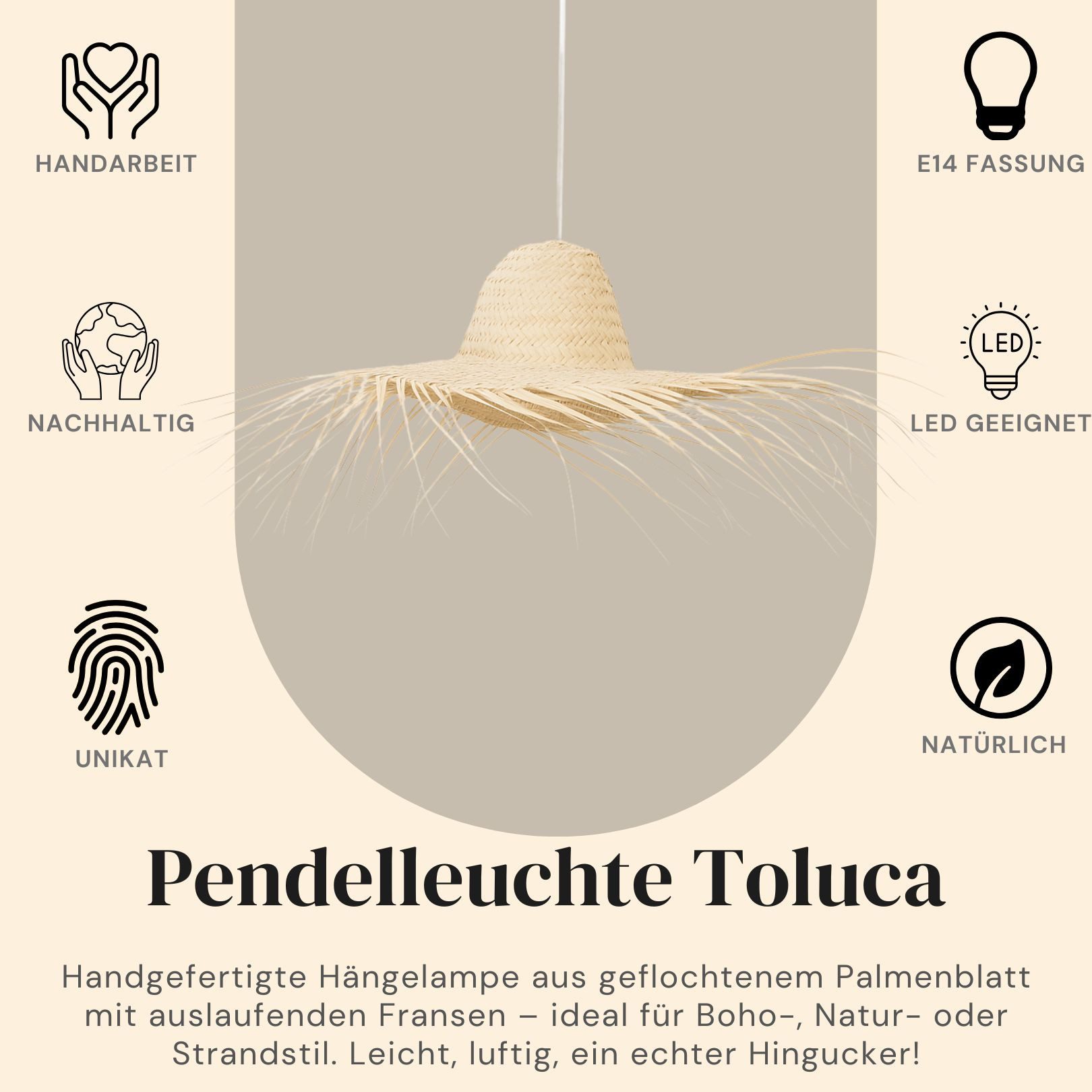 Marrakesch Orient & Mediterran Interior Pendelleuchte Boho Pendelleuchte Toluca handgefertigt aus Palmenblatt in Natur 50 cm, Handarbeit – Bild 4 von 5