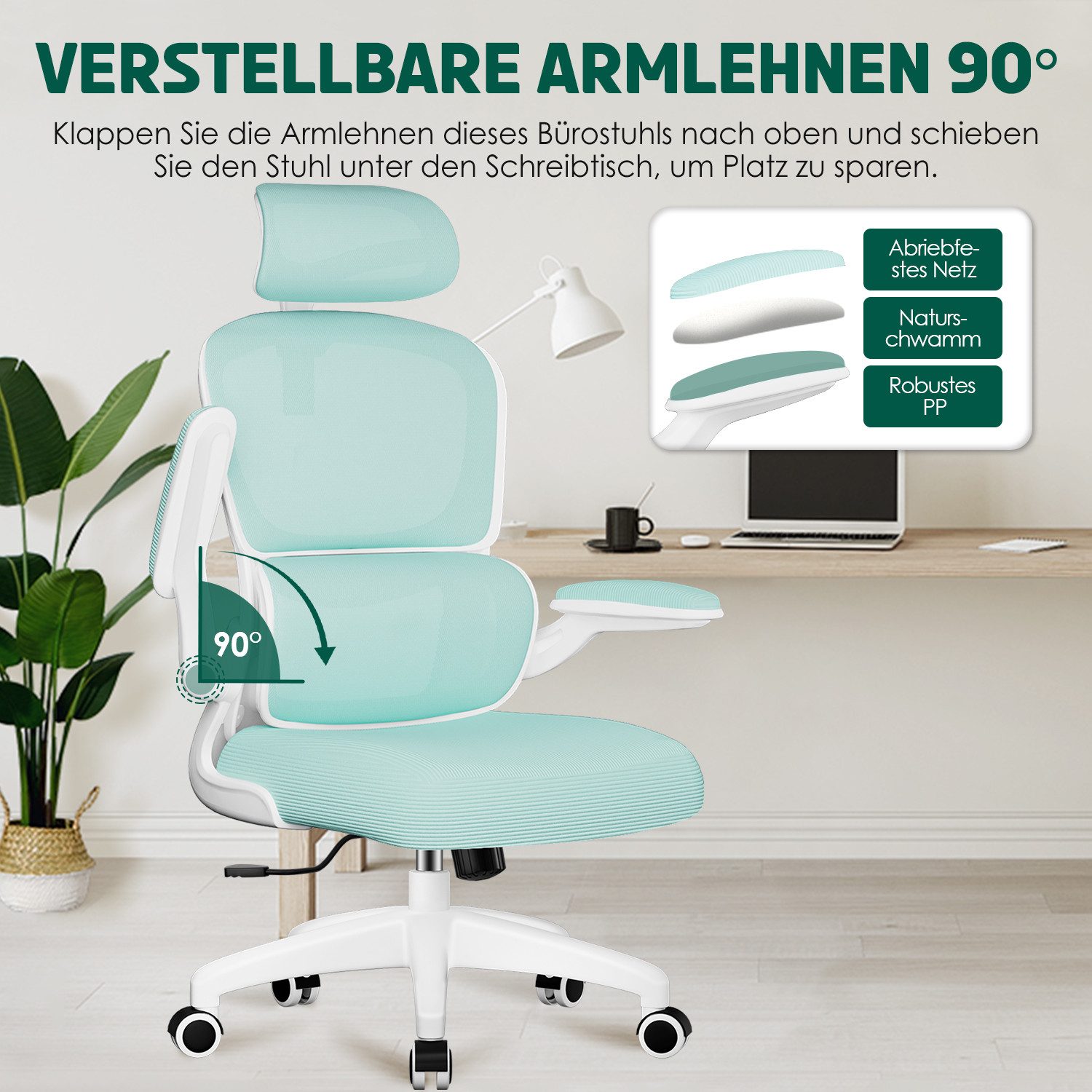 Fukstern Bürostuhl Ergonomischer Bürostuhl mit 90° klappbaren Armlehnen (Verstellbare Kopfstütze, atmungsaktiver Mesh-Bezug, Rücken- und Taillenstütze, Neigung  – Bild 5 von 5