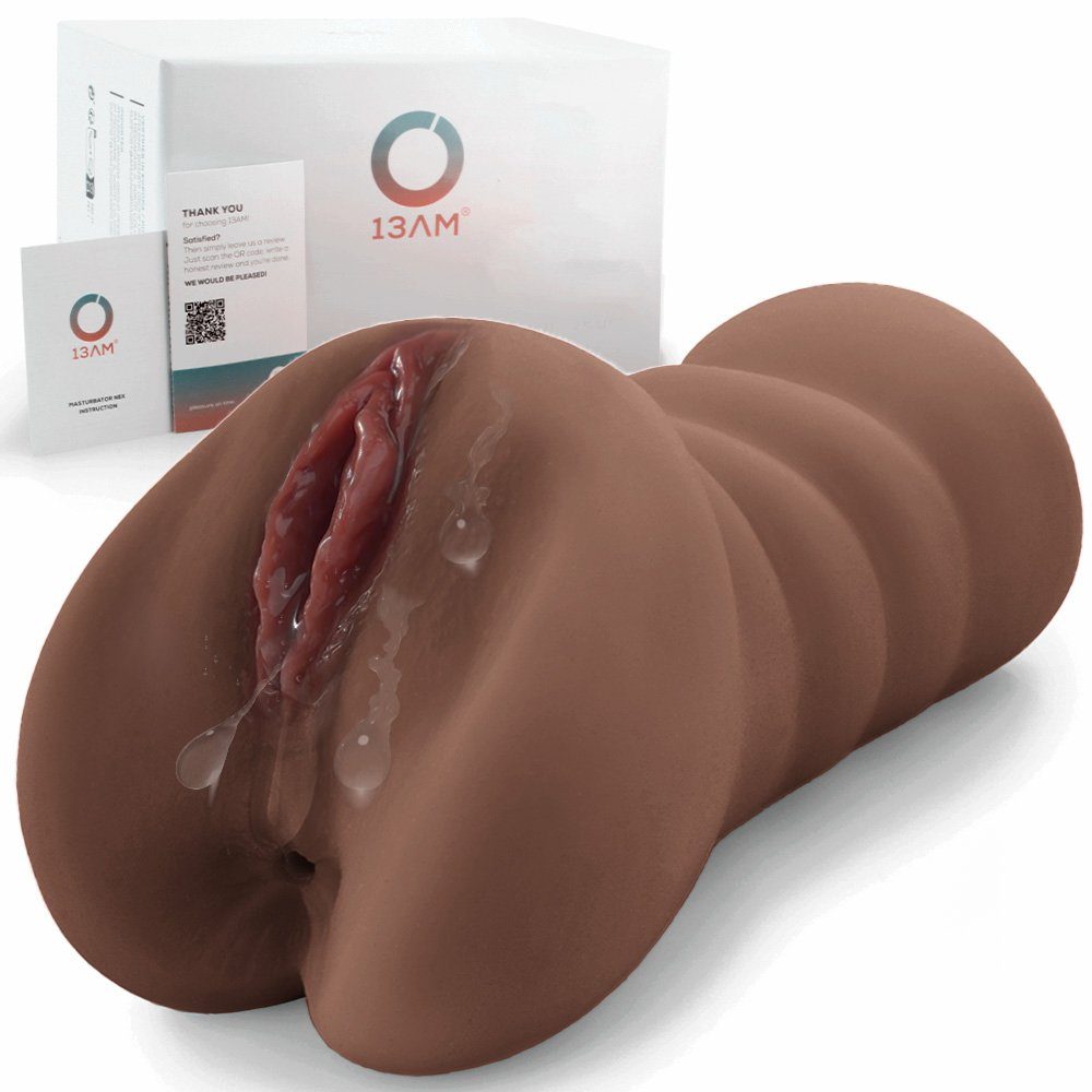13AM Masturbator - Realistischer Masturbator mit 2 Eingängen, Anal & Vaginal - Taschenmuschi aus hochwertigem TPE Dunkel | Masturbatoren