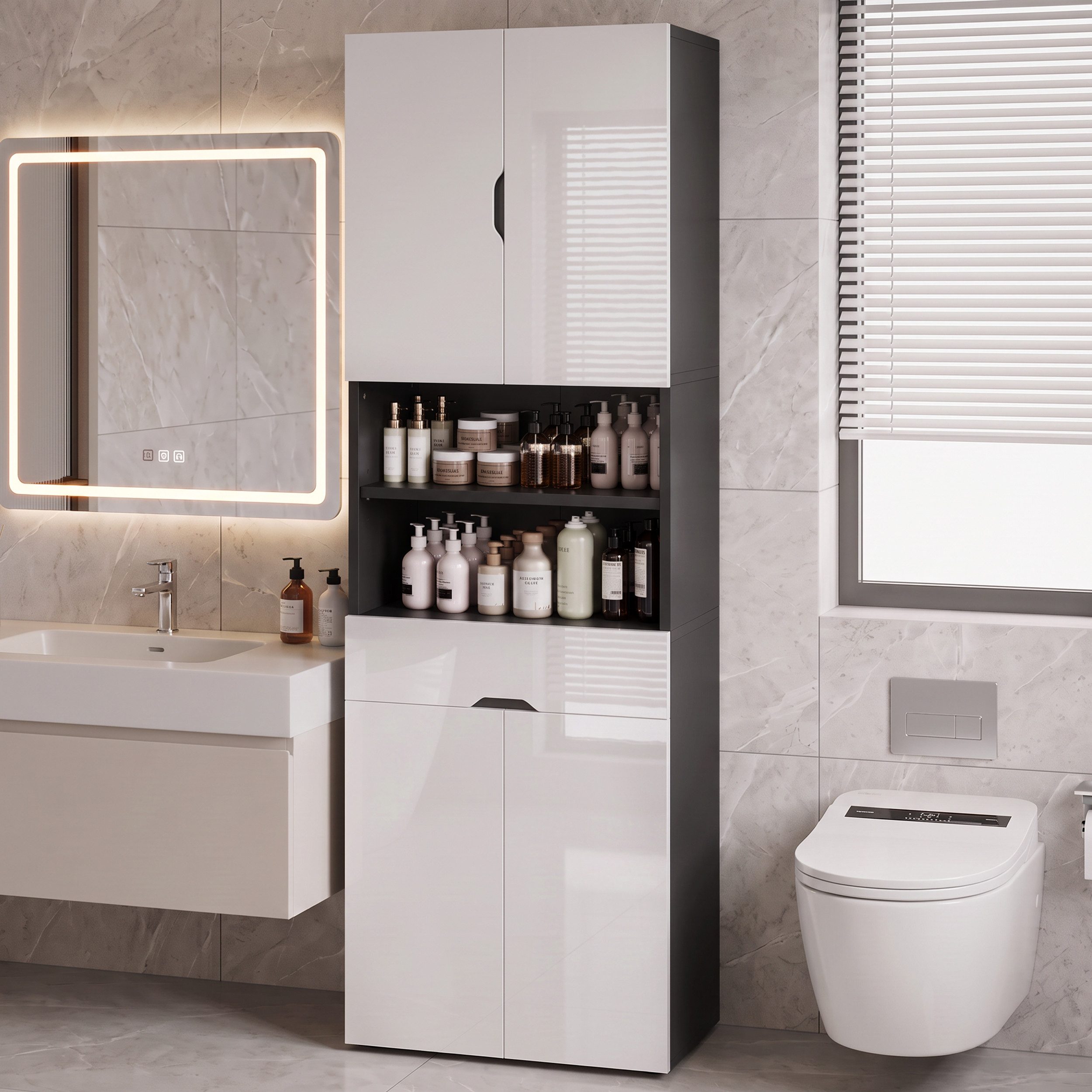 GUNJI Hochschrank Badezimmerschrank Toilettenschrank mit 4 Türen 1 Schubladen (180x60x34cm,Hochglanz Weiß/Schwarz Badschrank,Rutschfeste & wasserfeste Stellfüße)
