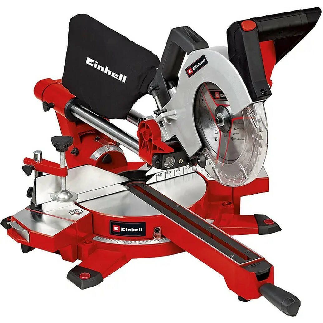 Einhell Zug-, Kapp- und Gehrungssäge Zug-Kapp-Gehrungssäge, Komplett-Set, inkl. Hartmetall-Sägeblatt, Laser, LED Licht, Werkstückanschlag