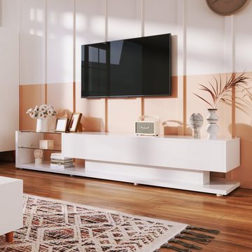 Odikalo TV-Schrank Lowboard Fernsehschrank hochglänzende Glastrennwand 16-LED Weiss/Natur