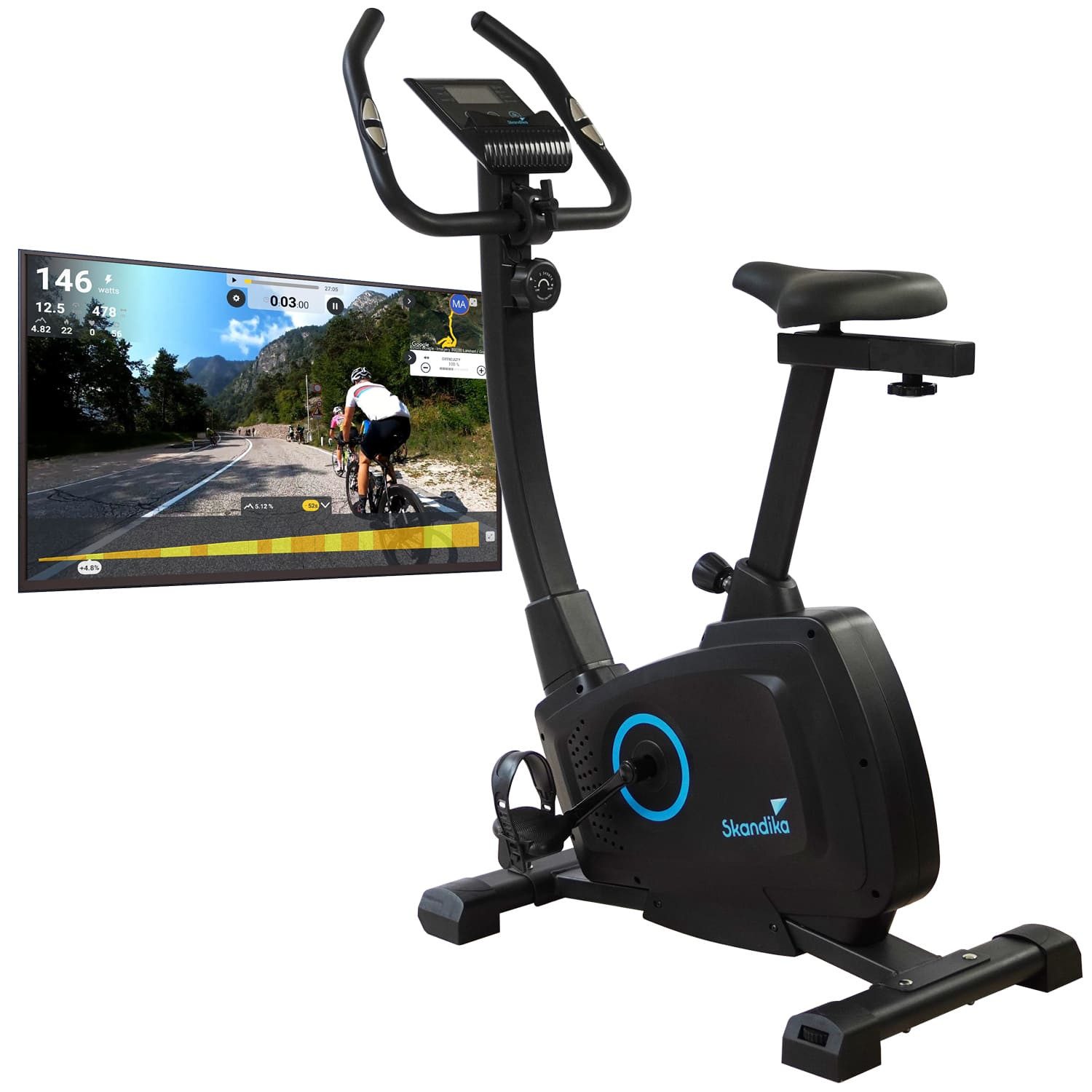Skandika Heimtrainer Fahrrad Bragi, Hometrainer für Zuhause, 7 kg Schwungmasse, bis 120 kg (Handpulssensoren, Sattel horizontal und in der Höhe verstellbar), Magnetbremssystem, Kinomap, Transportrollen, Tablethalterung