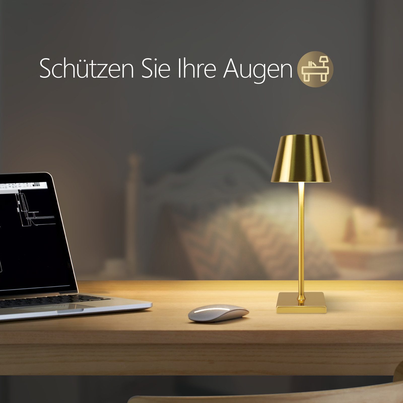 ZMH LED Tischleuchte kabellos Gold, dimmbare Akku-Nachttischlampe mit Touch, 3 Lichtfarben, LED fest integriert, Warmweiß, Neutralweiß, Kaltweiß, USB-C, 5 W, Ti – Bild 5 von 5