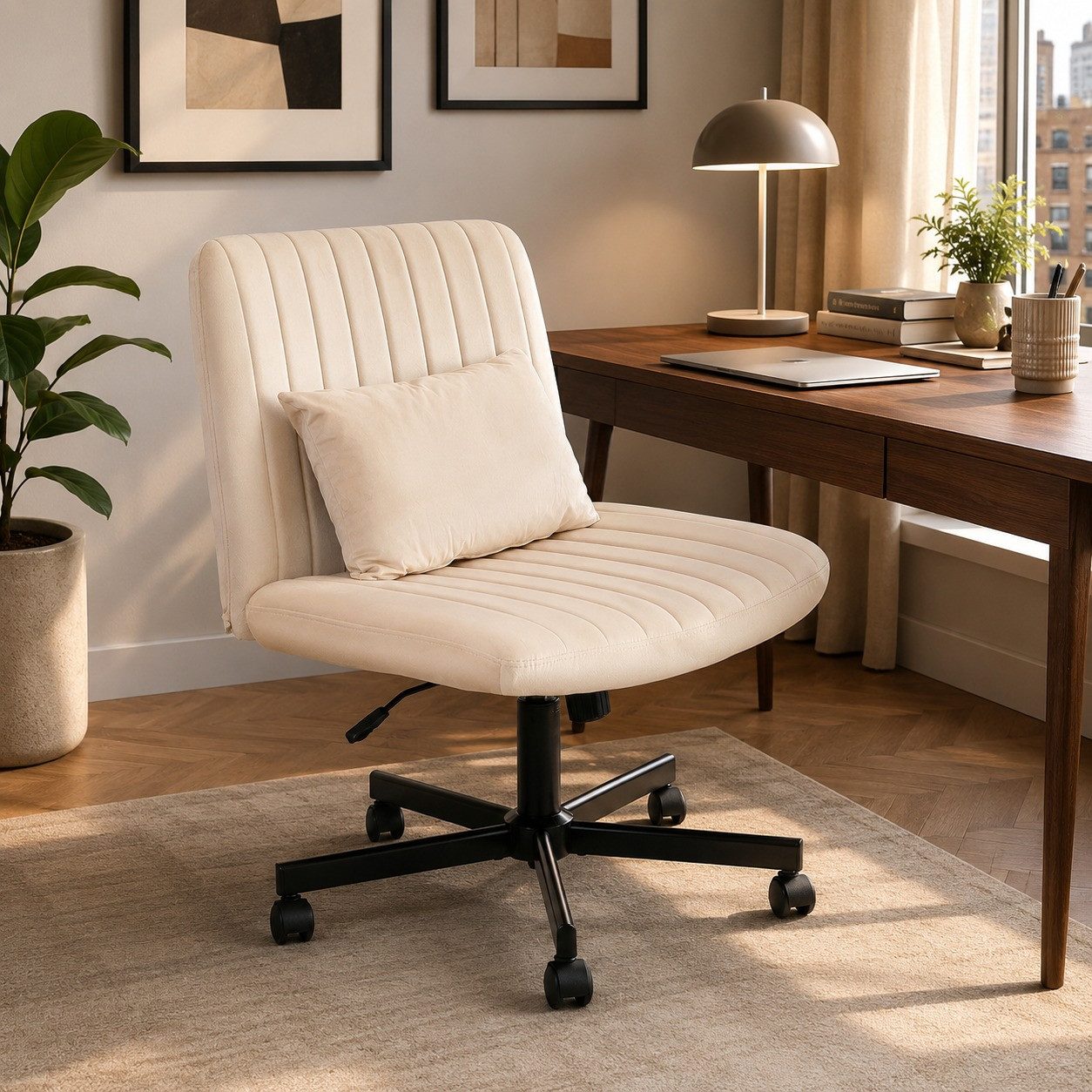 MODFU Bürostuhl für Homeoffice, höhenverstellbarer Drehstuhl ohne Armlehne (Moderner Bürostuhl Leise Rollen & Polsterkissen, eleganter Stoffbezug, 1 St), 67x92x67 cm Ideal für Arbeitszimmer, Wohnzimmer & Besprechungsbereich