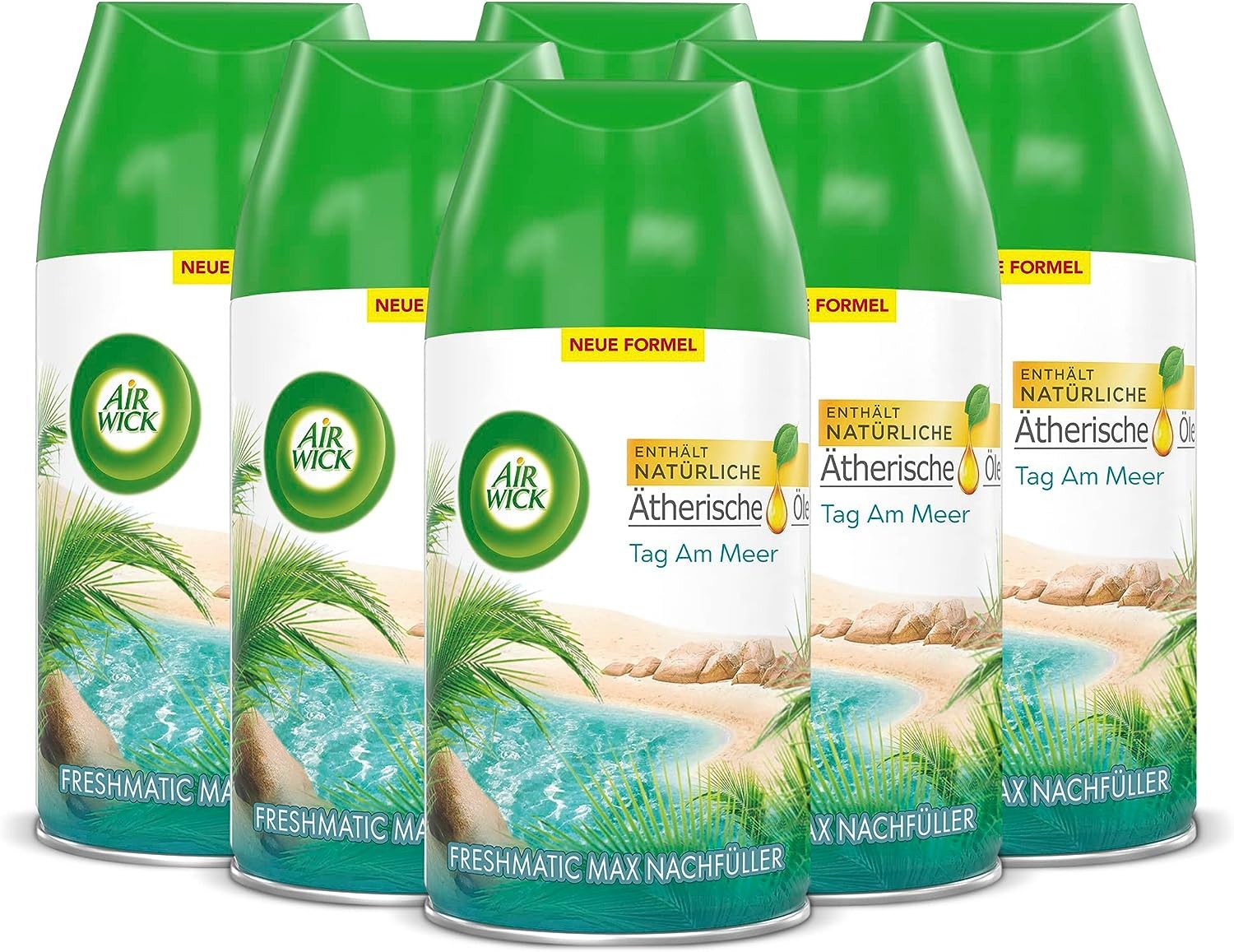 Air Wick Raumduft Freshmatic Max Nachfüller Tag am Meer 6 x 250ml (Jahresvorrat, 6-St., Automatisches Duftspray), mit ätherischen Ölen