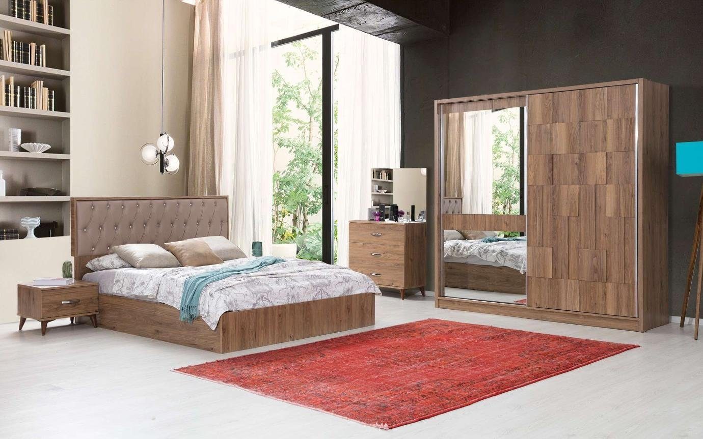 JVmoebel Schlafzimmer-Set Braunes Schlafzimmer Chesterfield Bett + 2x Nachttische, Made In Europe