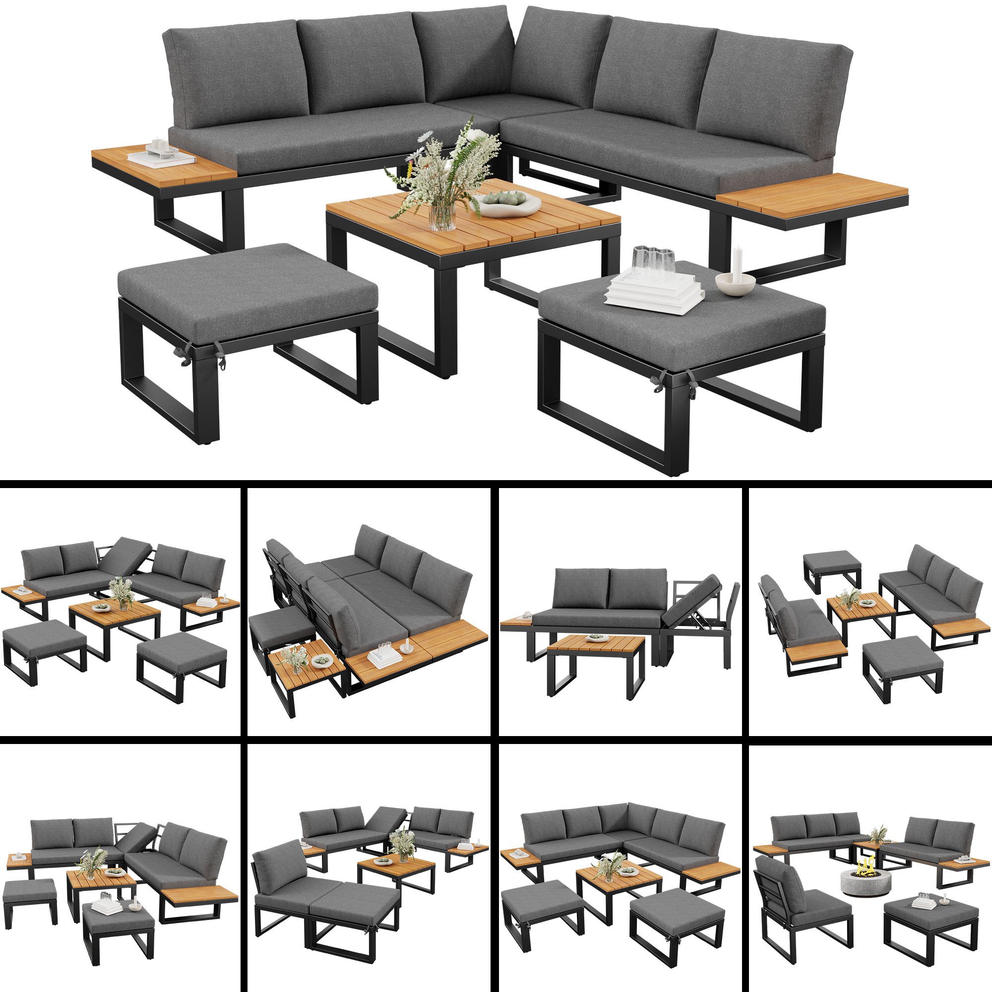 MC Star Gartenlounge-Set 6-teiliges Gartenlounge-Set mit verstellbarer Rückenlehne, (Ecksofa mit Couchtisch & Hockern, wetterfestes Stahlgestell, Sitzkissen in Grau/Beige, Outdoor Lounge für Balkon & Terrasse)
