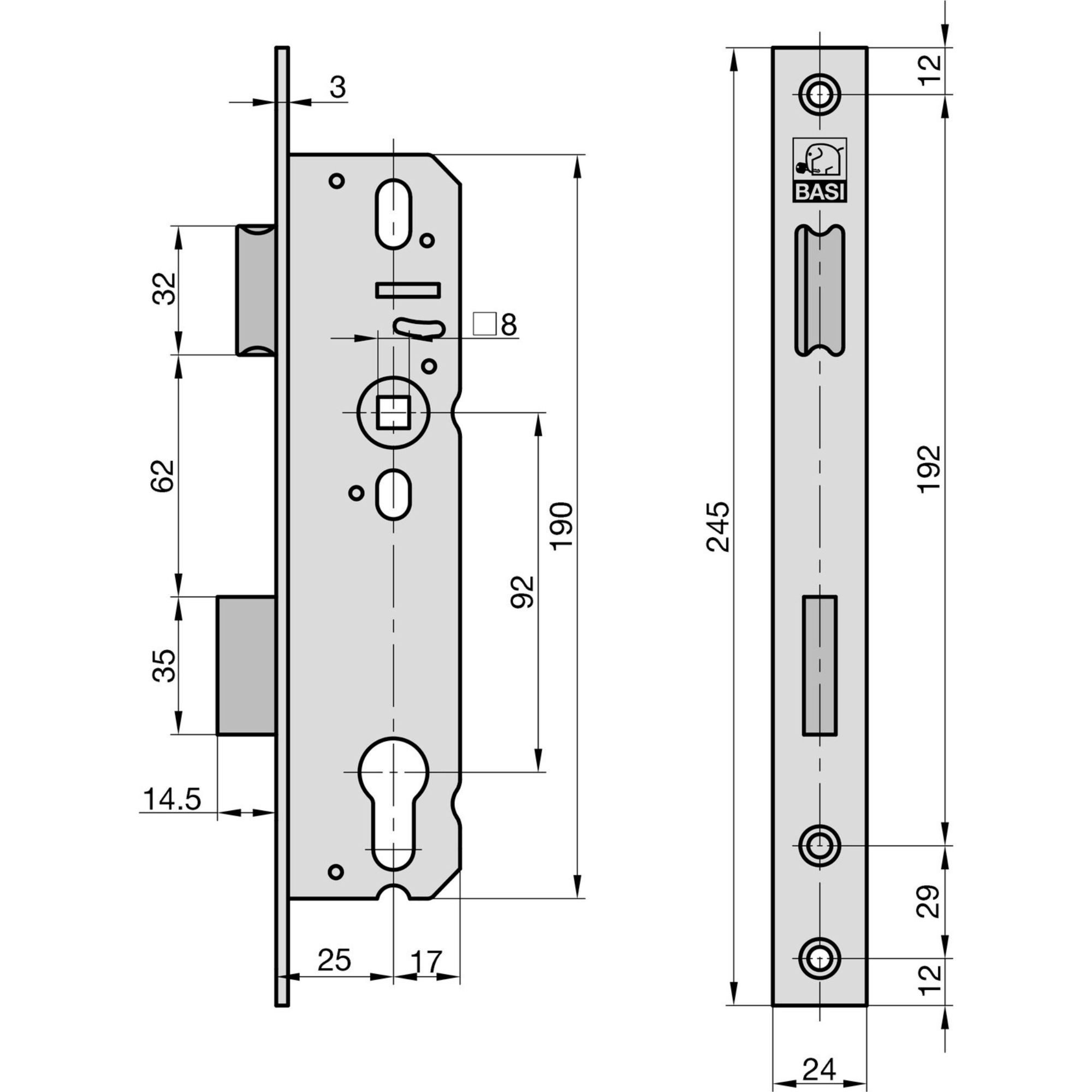 BASI Rohrrahmenschloss Einsteckschloss mit drehbarer Falle, Dornmaß 40 mm, Packung, PZ-Lochung, Dornmaß 25 mm, Stulp 24 mm aus Edelstahl, DIN R/L – Bild 2 von 4