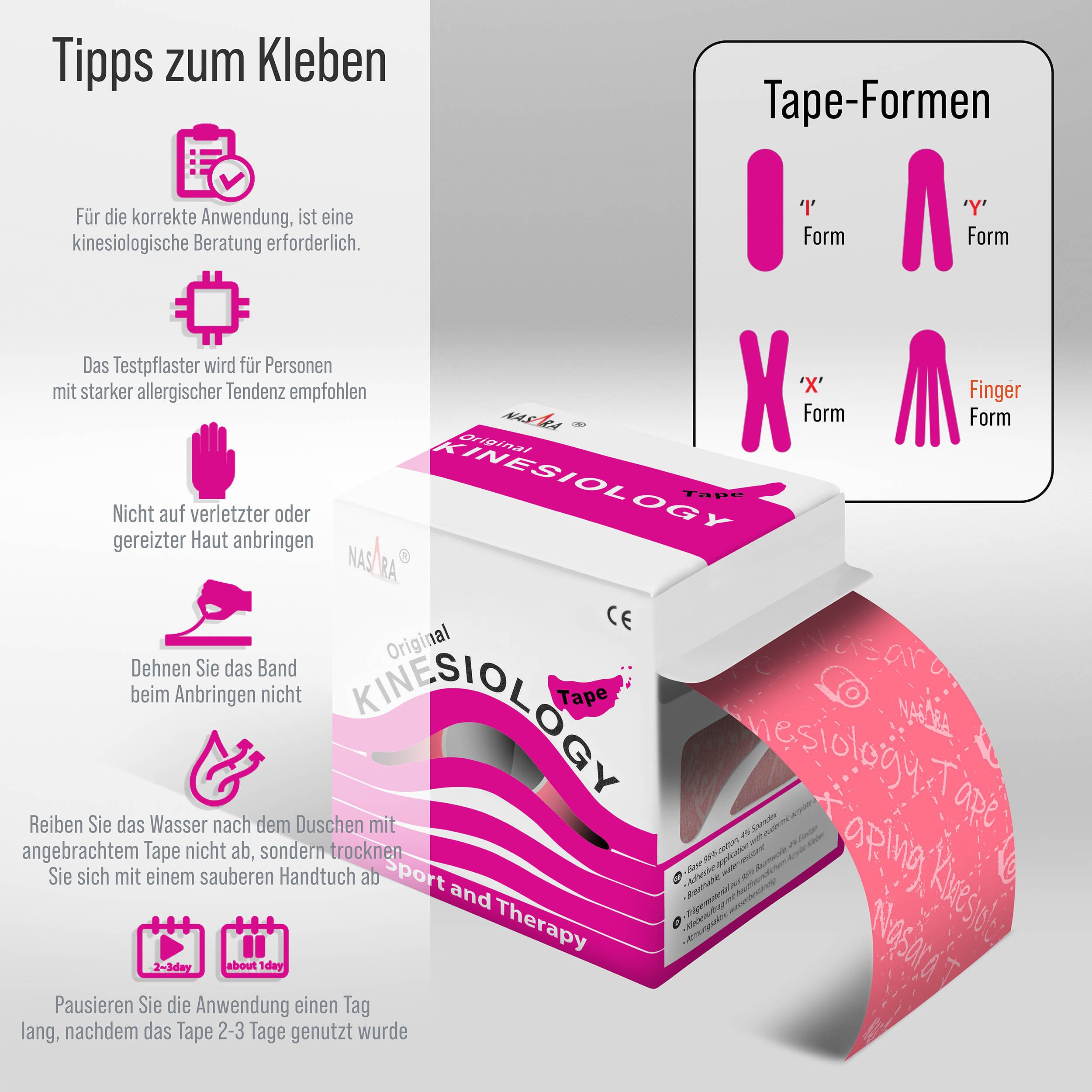 NASARA Kinesiologie-Tape 5m x 5 cm Rolle Sport- und Pysiotape mit langer Haftdauer in Pink 5m x 50 mm