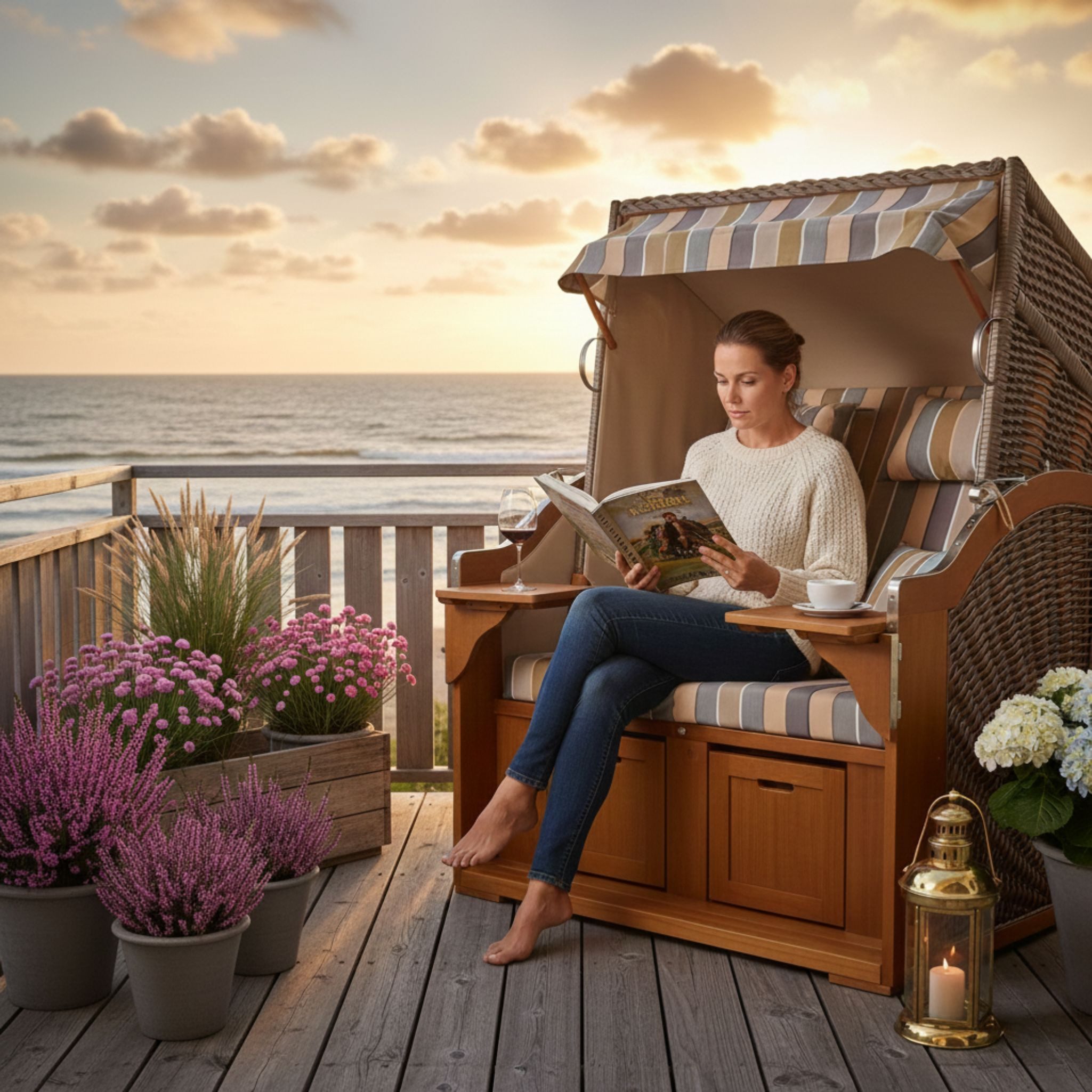 MR.DEKO Strandkorb 2-Sitzer Schleswig Pinie Braun PE Mokka, aufgebaut geliefert, BxTxH: 120x80x160 cm, 2-Sitzer, Schleswig, (Zweisitzer Strandkorb mit Bistrotischen & Fußstützen), Bereits montiert, UV-beständig, Volllieger & Edelstahl-Beschläge