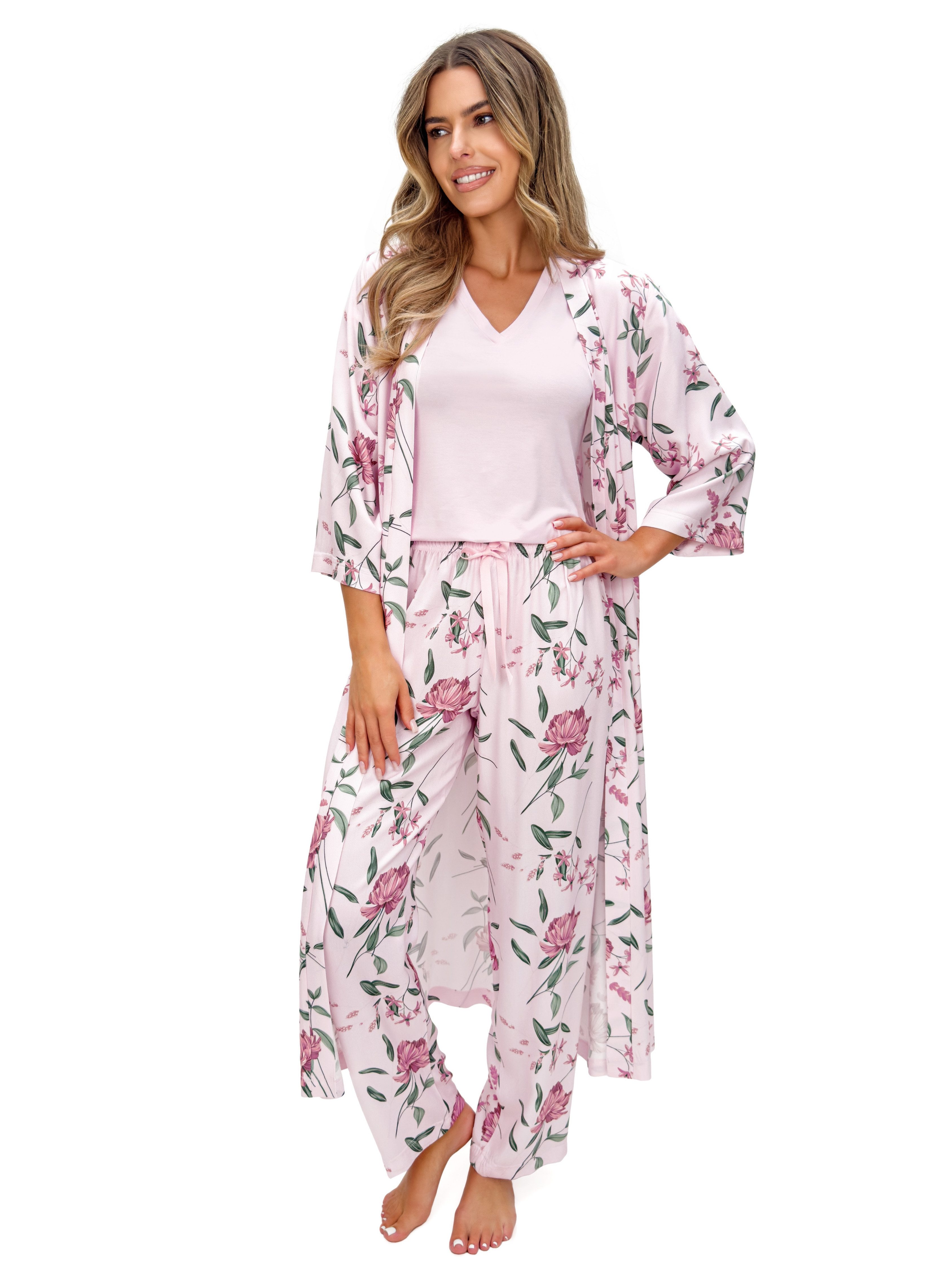 Donna Morgenmantel Damen Kimono lang mit Blumenprint, Viskose, Schalkragen, Bindegürtel, Eleganter Viskose-Morgenmantel mit Gürtel & Taschen, ca. 130 cm – Bild 4 von 5