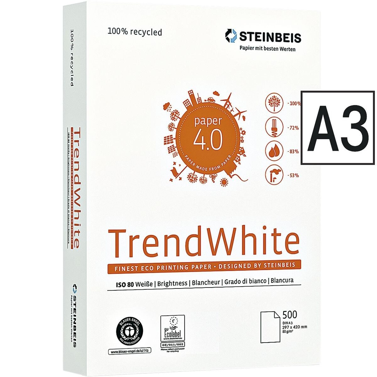 STEINBEIS Recyclingpapier Trend White, Format DIN A3, 80 g/m², 80 CIE, 500 Blatt