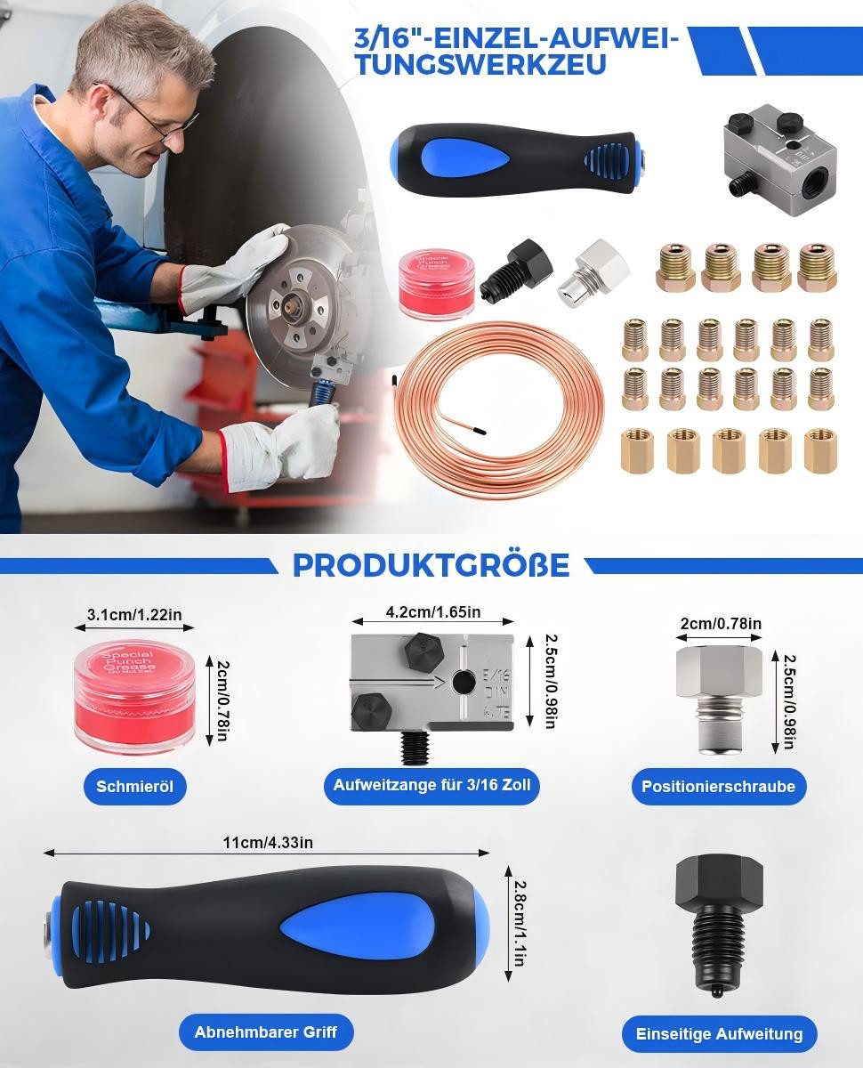 JOYOLEDER Bördelgerät Bremsleitung Bördelgerät für DIN Bördelungen, 4,75 mm, (Universal-Bremsleitungs-Bördelgerät-Satz, 7,62m Ø4,75mm Bremsleitung, mit 16 Anschlüssen+5 Verbinder), für Brems- Bzw Hydraulikleitungen Verwendet