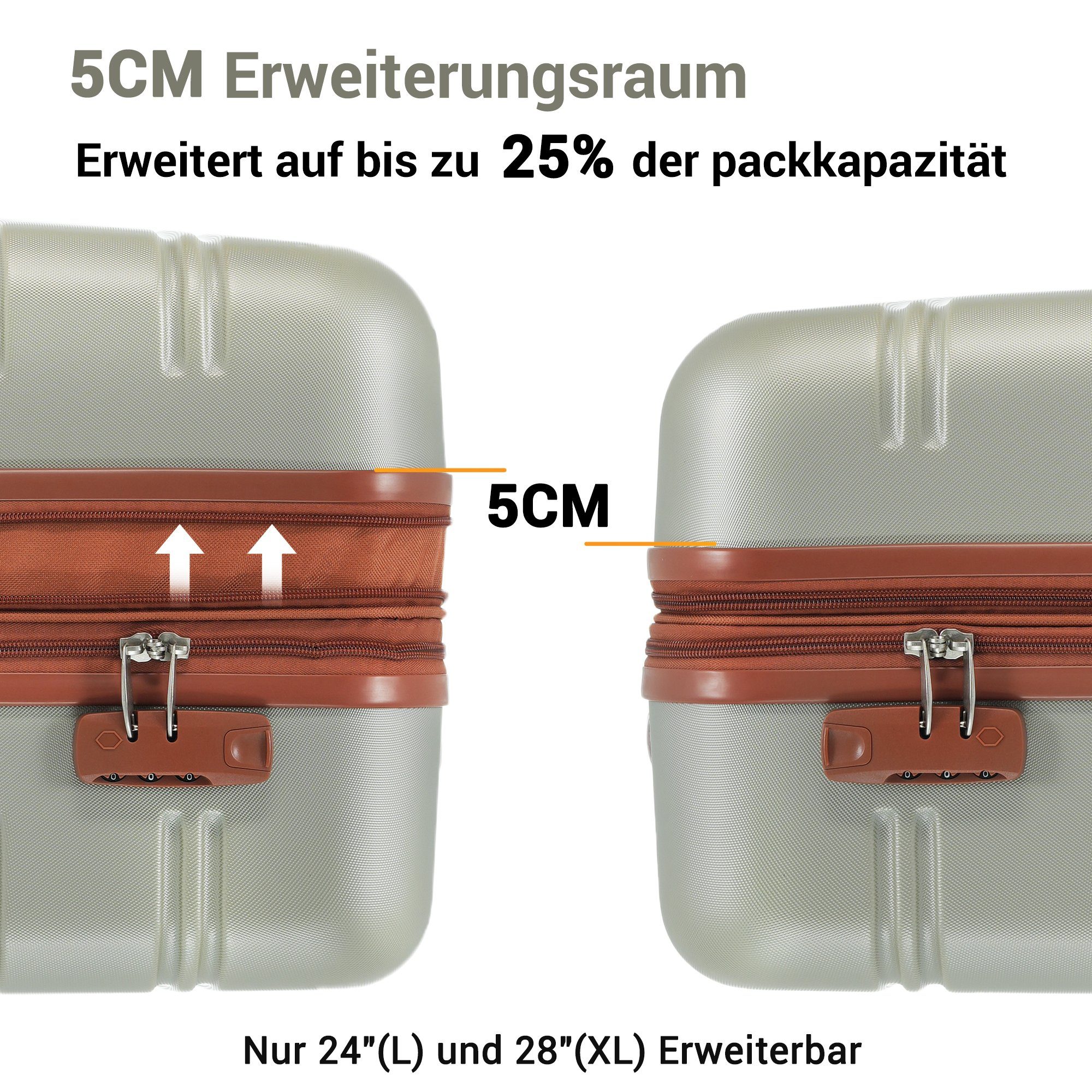 Handgepäck BlingBin 360°leises Passwort Rollen, (3 Hartschalen-Trolley Rollkoffer ABS-Material, Sicherheites Trolleyset Universal- Räder, M-L-XL-Set, goldgrün+braun Koffer-Set, dreistelliges 4 Rollen, 4 tlg., Schwarz),