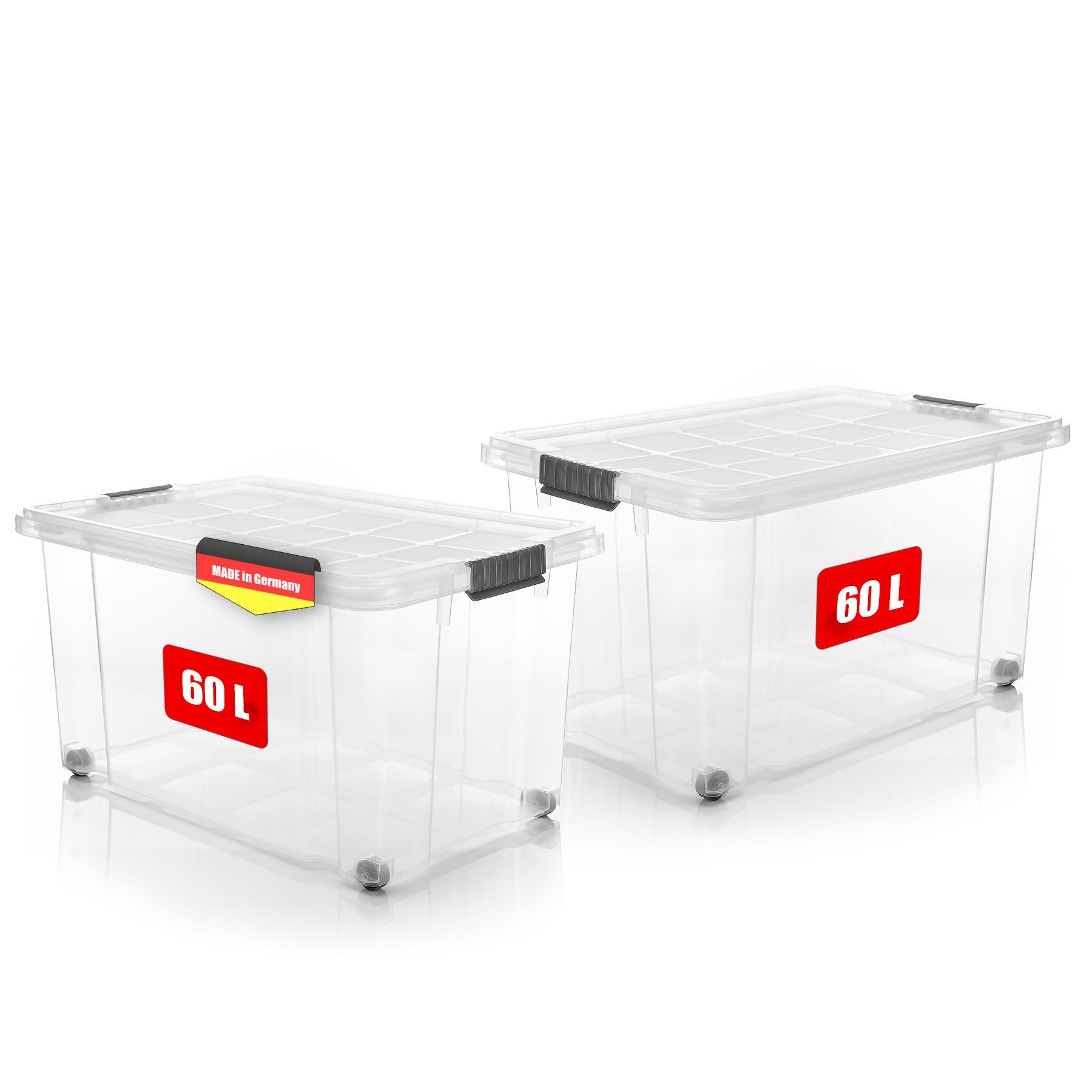 BigDean Aufbewahrungsbox 60 L mit Deckel groß – robuste Stapelbox rollbar mit Klickverschlüssen (Set, 2 St., Aufbewahrungsbox + Deckel + Rollen), Sicher Stapelbar, Platzsparend, Transparent, Rollen, Klickverschlüsse