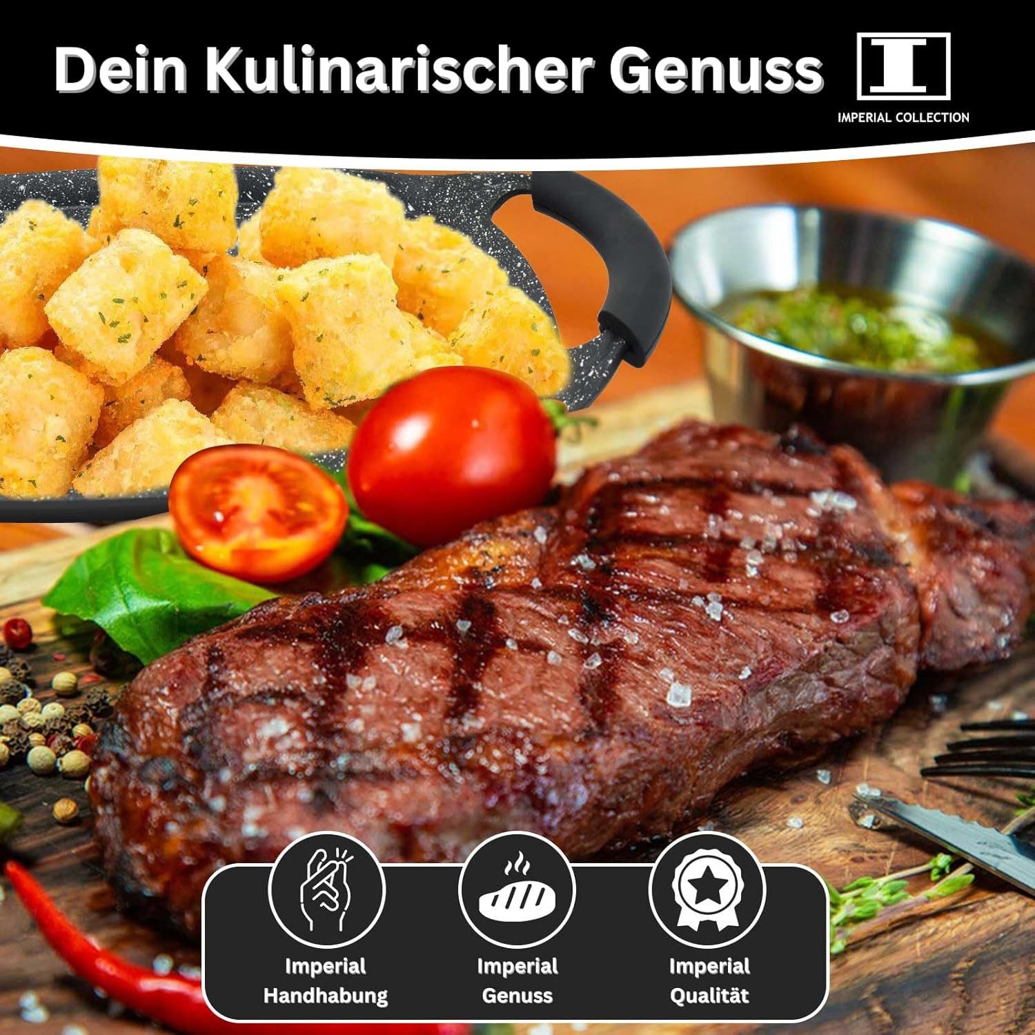 Kitchen Pro + Grillpfanne Deluxe Grillplatte, Aluminium, Antihaftbeschichtung, Abnehmbarer Griff, Edelstahl Rostfrei