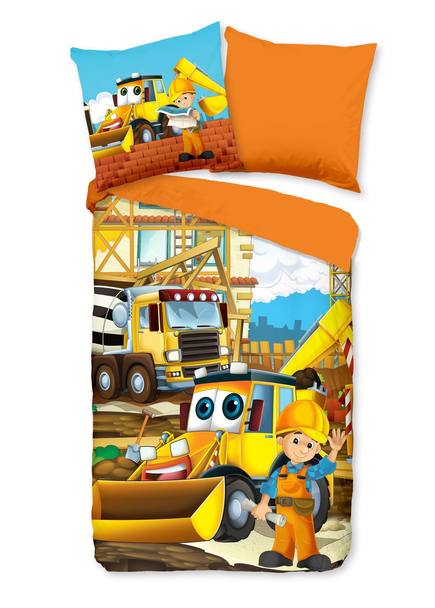 JACK Bettwäsche 135x200cm, Baustellen-Abenteuer, Renforcé, 2 teilig, cooles Baustellen Motiv, Orange