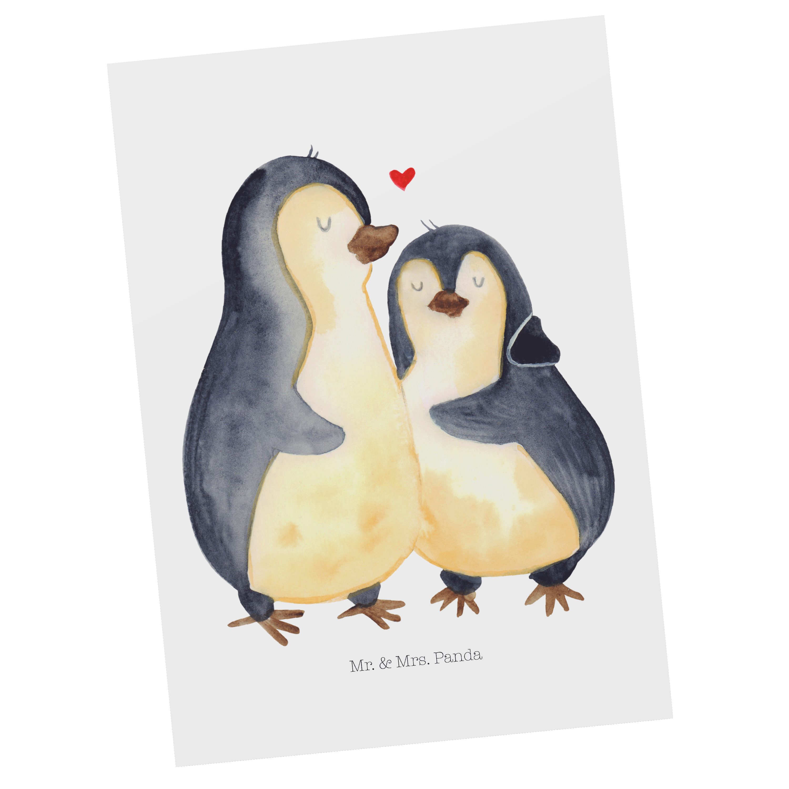 Mr. & Mrs. Panda Postkarte Pinguin umarmend - Weiß - Geschenk, Karte, Geburtstagskarte, Ansichts