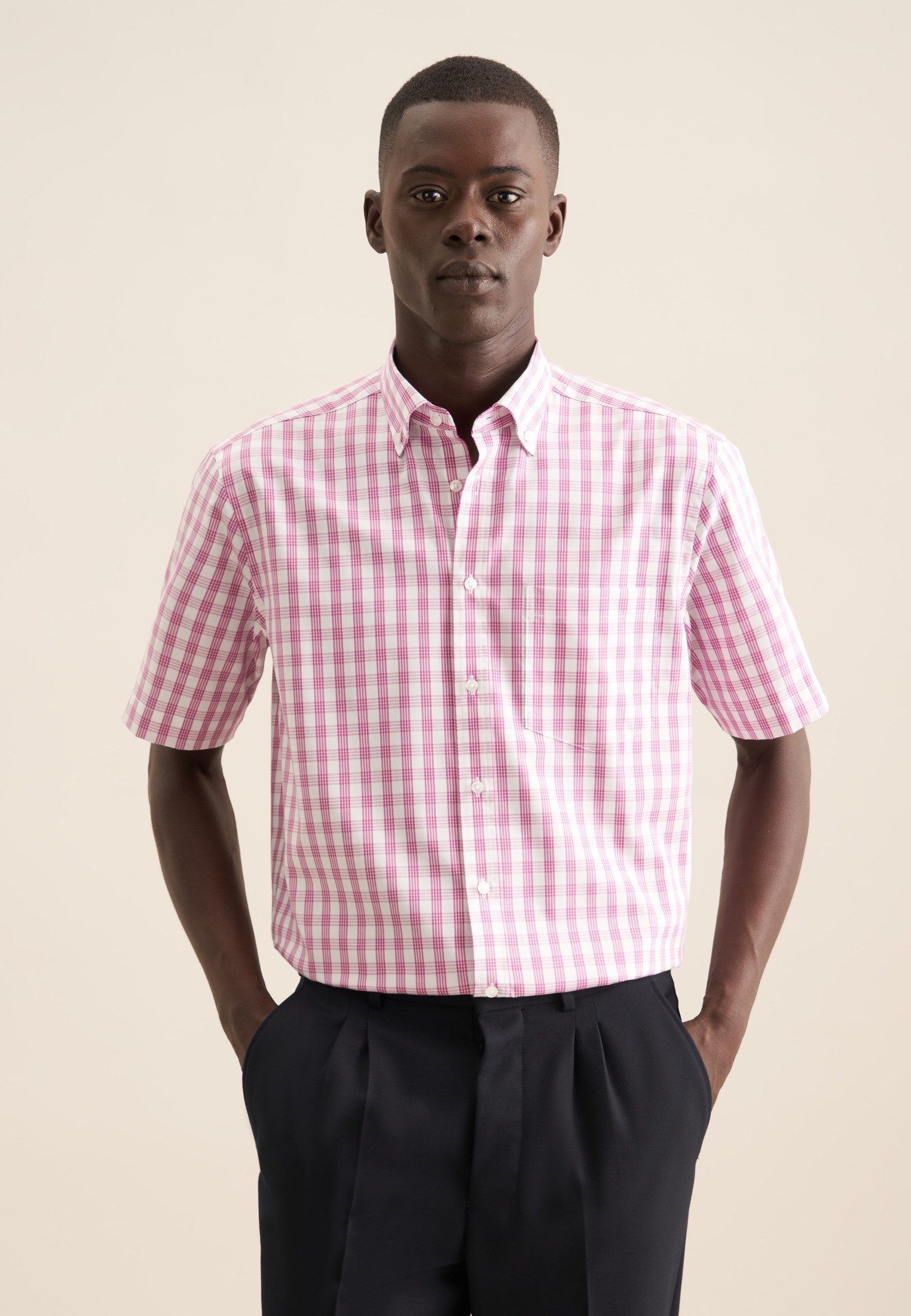 seidensticker Businesshemd Regular Regular 1/2 Button-Down-Kragen Karo