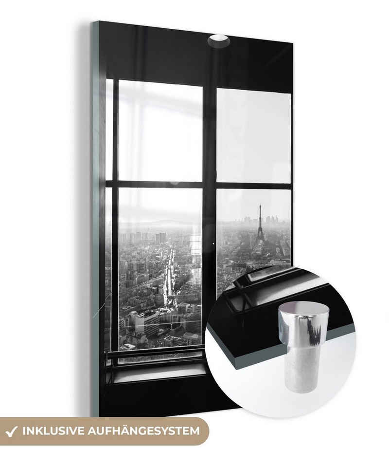 MuchoWow Acrylglasbild Blick auf den Eiffelturm und Paris - schwarz-weiß, (1 St), Glasbilder - Bilder auf Glas Wandbild - Foto auf Glas - Wanddekoration