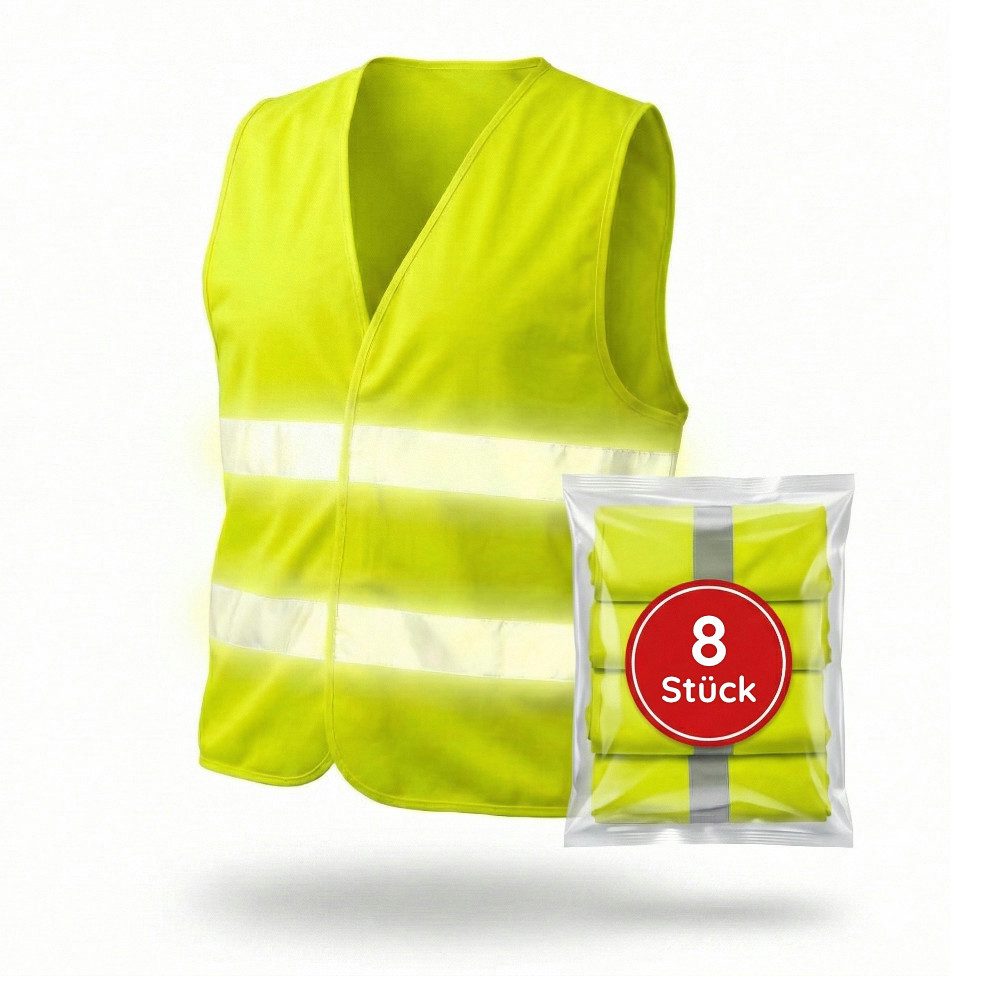 FLEXEO Warnweste DIN EN ISO 20471 (8-tlg) Sicherheitsweste fürs Auto PKW