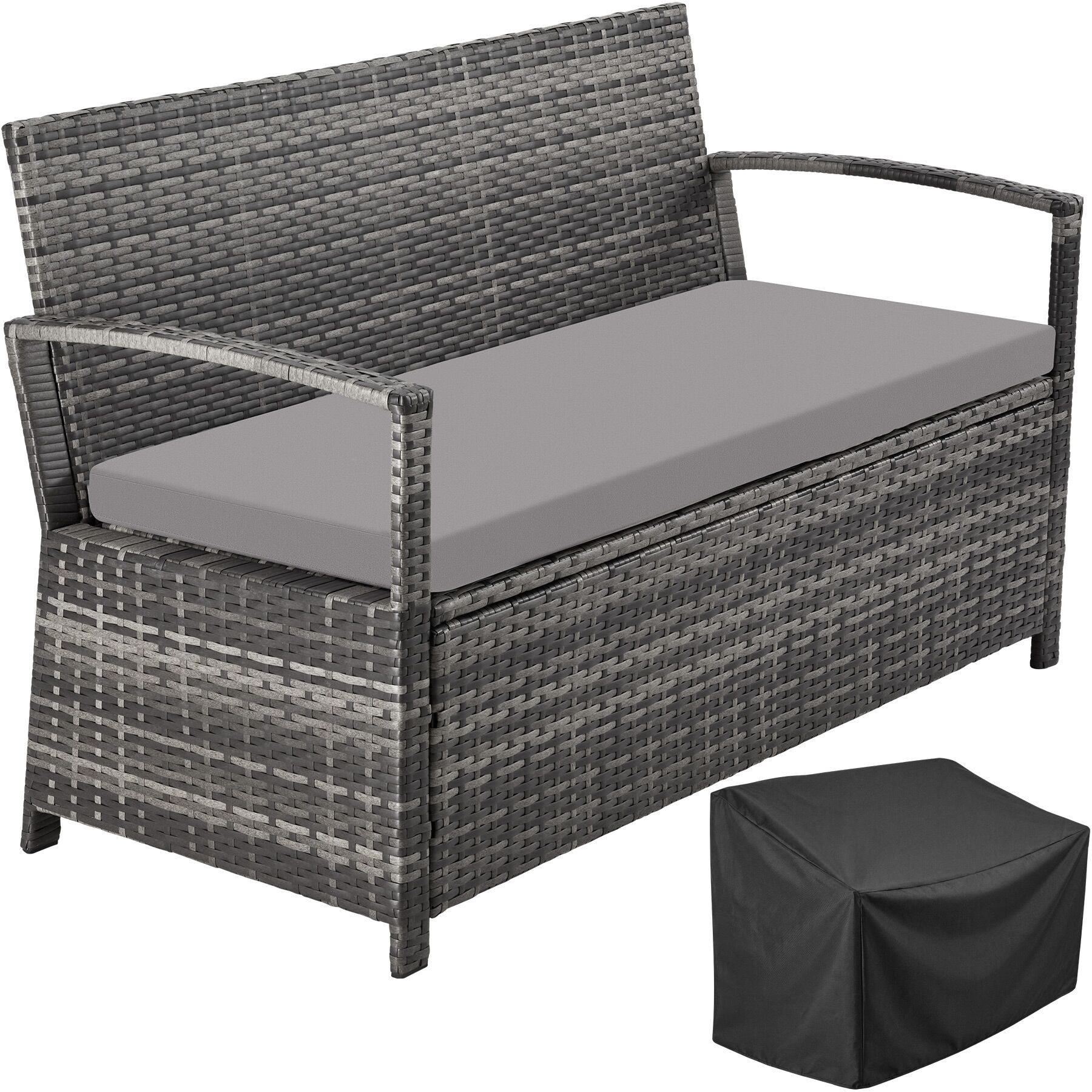 tectake Gartenbank Polyrattanbank 2-Sitzer wetterfest mit Stauraum und Schutzabdeckung (Terrassenbank Vecchia, in Grau), Belastbarkeit 250 kg, Inkl. Sitzpolster und Montagematerial