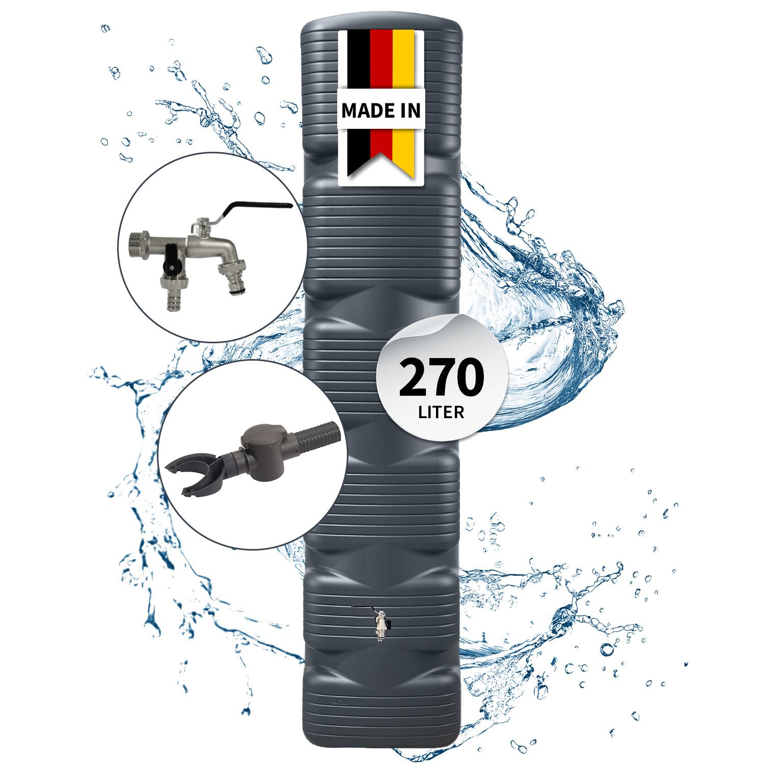 4rain Regentonne QUADRO Regentonne Wandtank Komplett-Set 270 L, graphite grey, 270 l